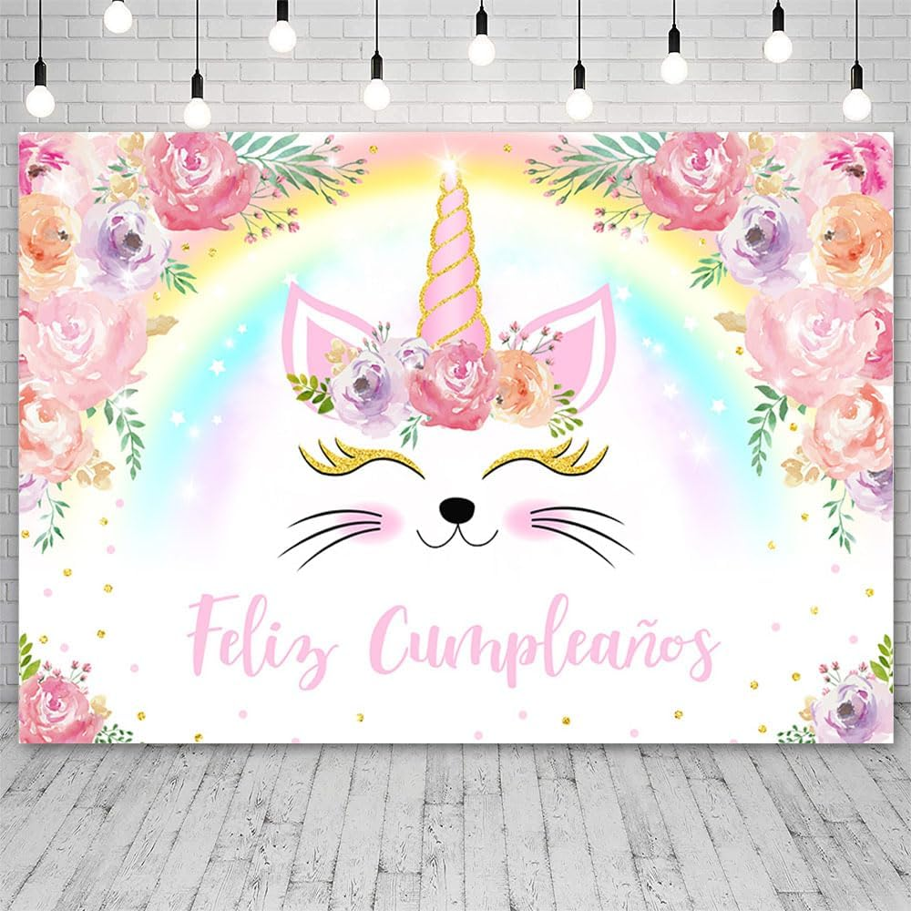 AIBIIN Unicorn Birthday Backdrop Girls Pastel Rainbow Flowers Unicorn Glitter Stars Dots Happy Birthday Party Banner Photo Props 7X5Ft image number 2