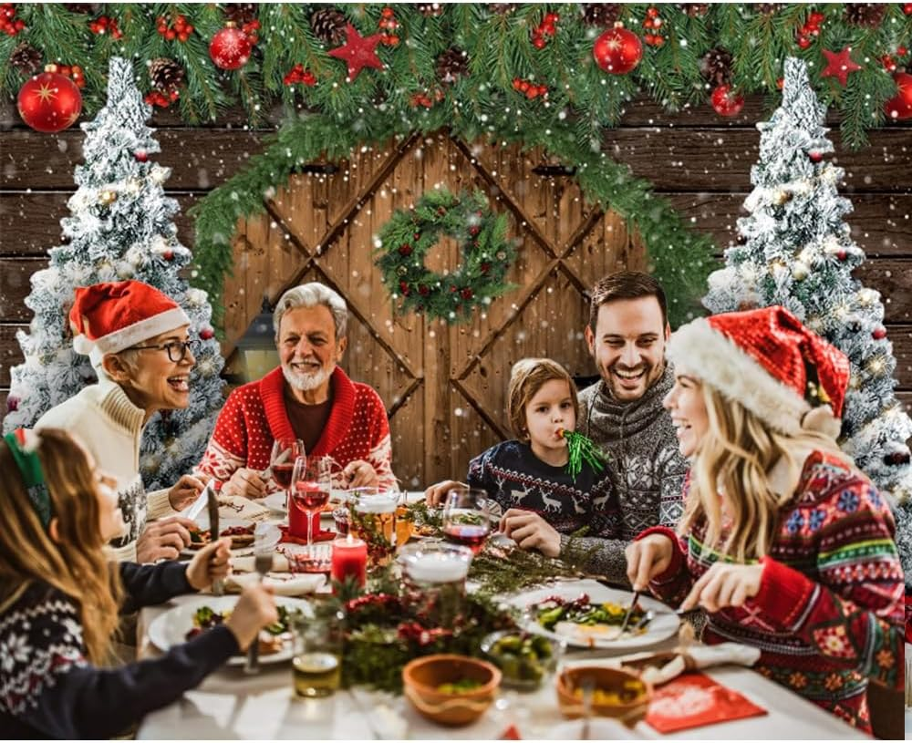 Christmas Backdrop 10X8Ft Wood Barn Winter Christmas Photo Backdrop for Photography Wooden Door Christmas Tree Gifts Snowy Background Kids Adults Family Christmas Eve Party Decoration Props - Nky05219 image number 5