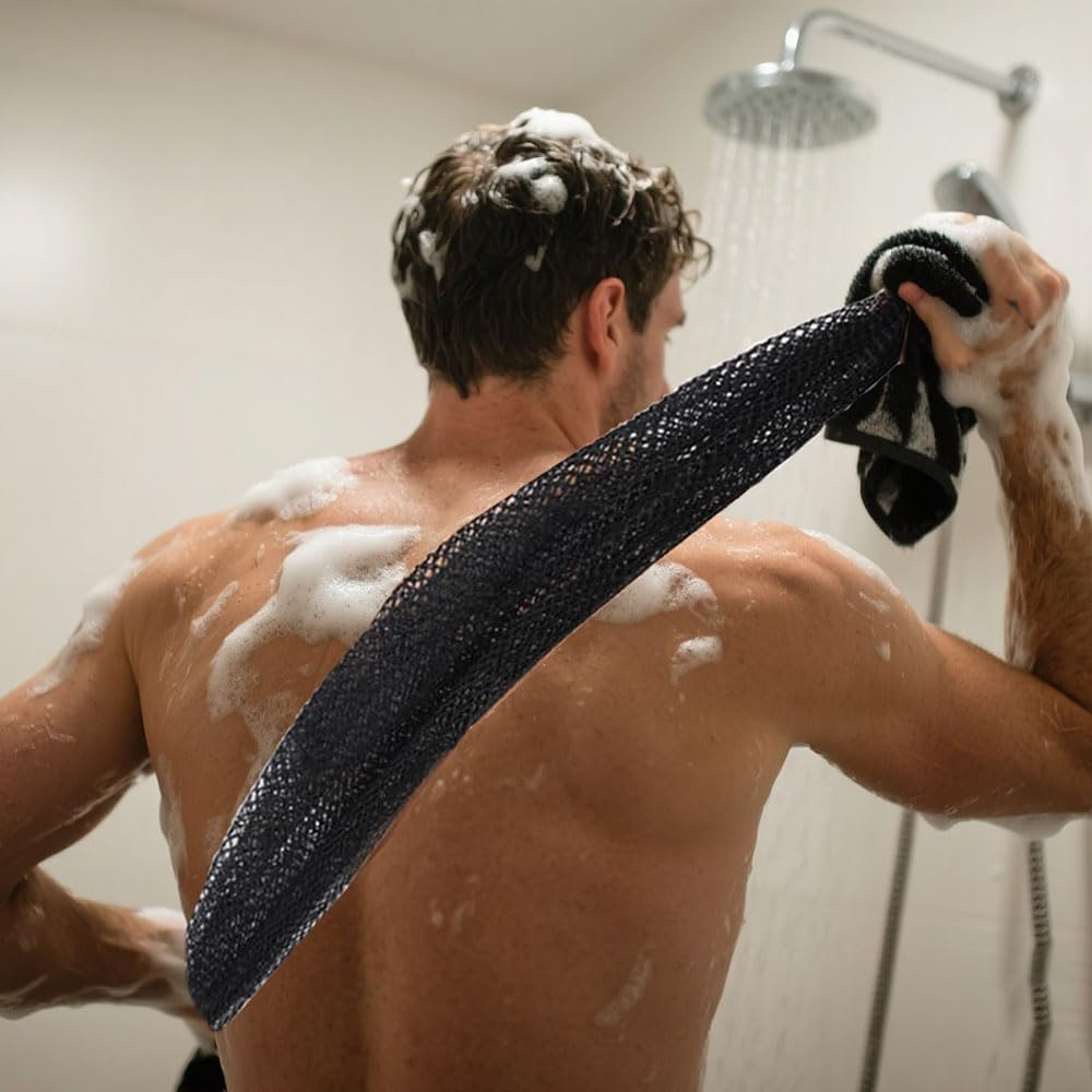 4-Piece African Net Sponge with Knots &ndash; Authentic Exfoliating Body Scrubber, Long Bath Sponge for Back, Skin Smoother, Shower & Bath Accessories (Pink, Black, Blue, Beige) image number 2