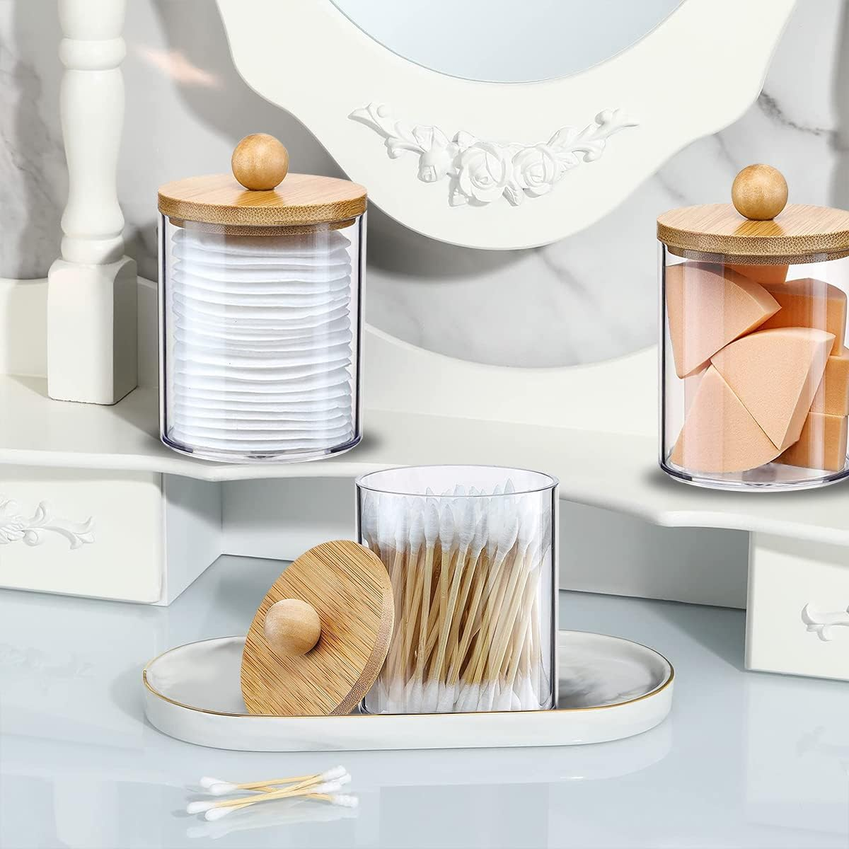 3Pcs Q-Tip Holder Dispenser, with Tray Cotton Swab Storage Dispenser, Bathroom Canisters Swab Ball Holder Dispenser for Makeup Cotton Swab image number 1