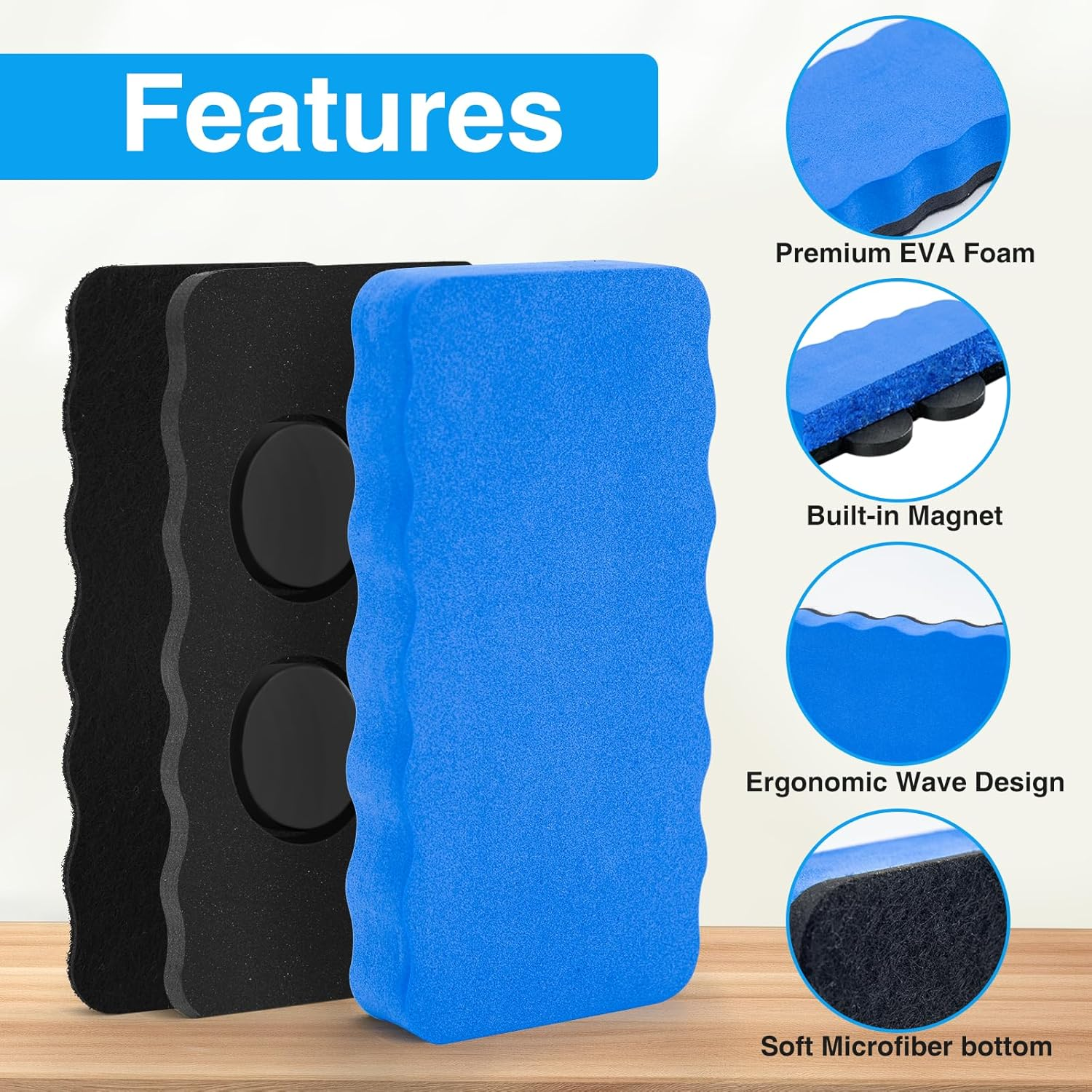 JEFURE Whiteboard Sponge, Pack of 1, Blue Whiteboard Sponge, Magnetic Whiteboard Eraser for Dry Cleaning on Many Surfaces, Whiteboard Eraser for Whiteboards, Blackboards and Glass image number 5