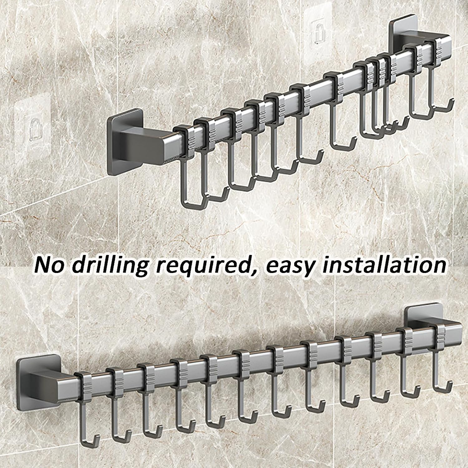 Chmiss Kitchen Hook Rack without Drilling, Hook Rack Kitchen with 8 Movable Hooks, Wall Hooks for Kitchen Utensils for Kitchen, Bathroom, Bedroom image number 6