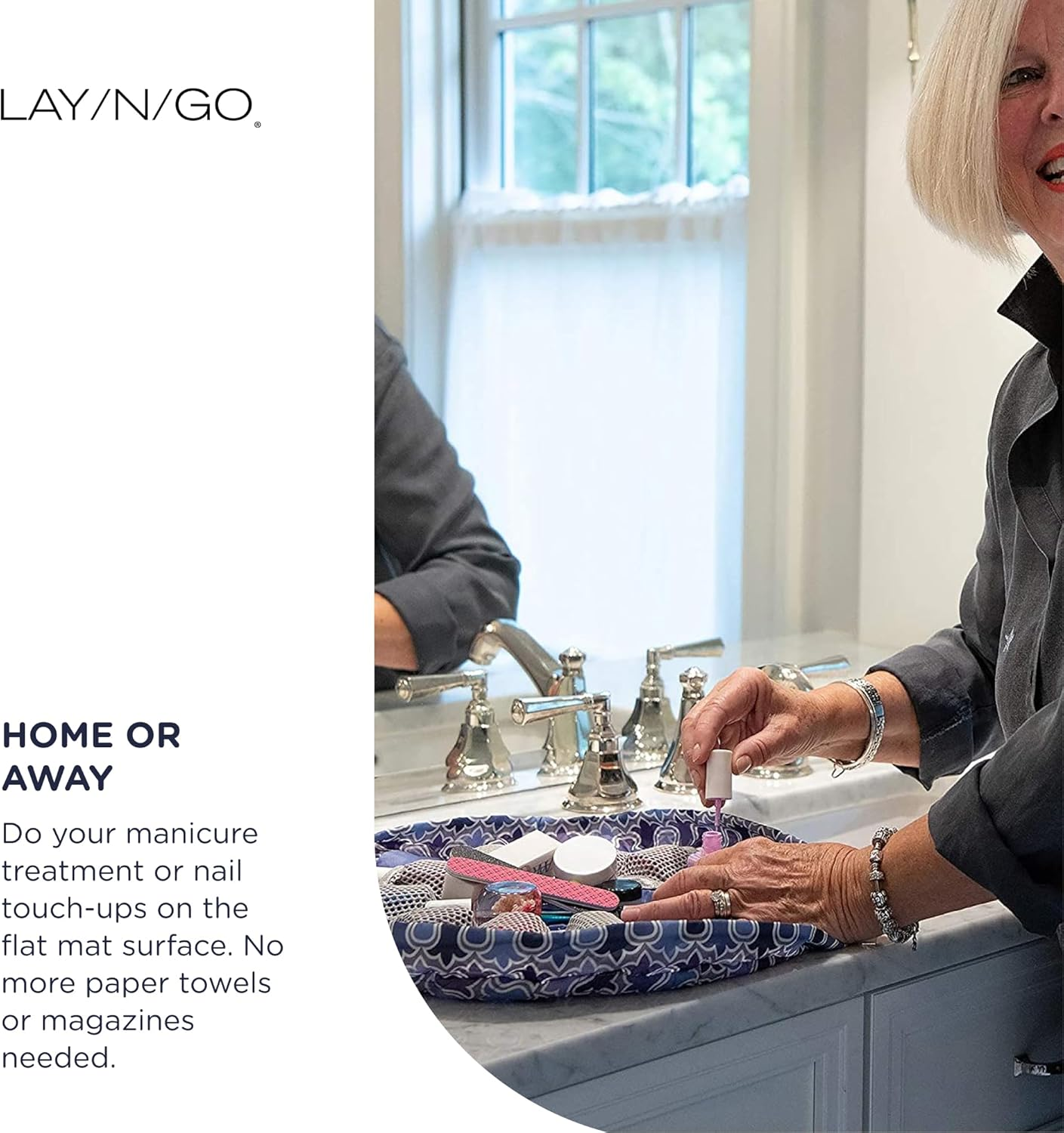 Lay-N-Go Nailspa Drawstring Cosmetic Bag - Portable Nail Supplies Organizer Bag W/ 8 Elastic Mesh Pockets & Circular Center - Durable, Machine Washable Nail Kit Organizer, Dot Calm (Blue), 18 Inch image number 2