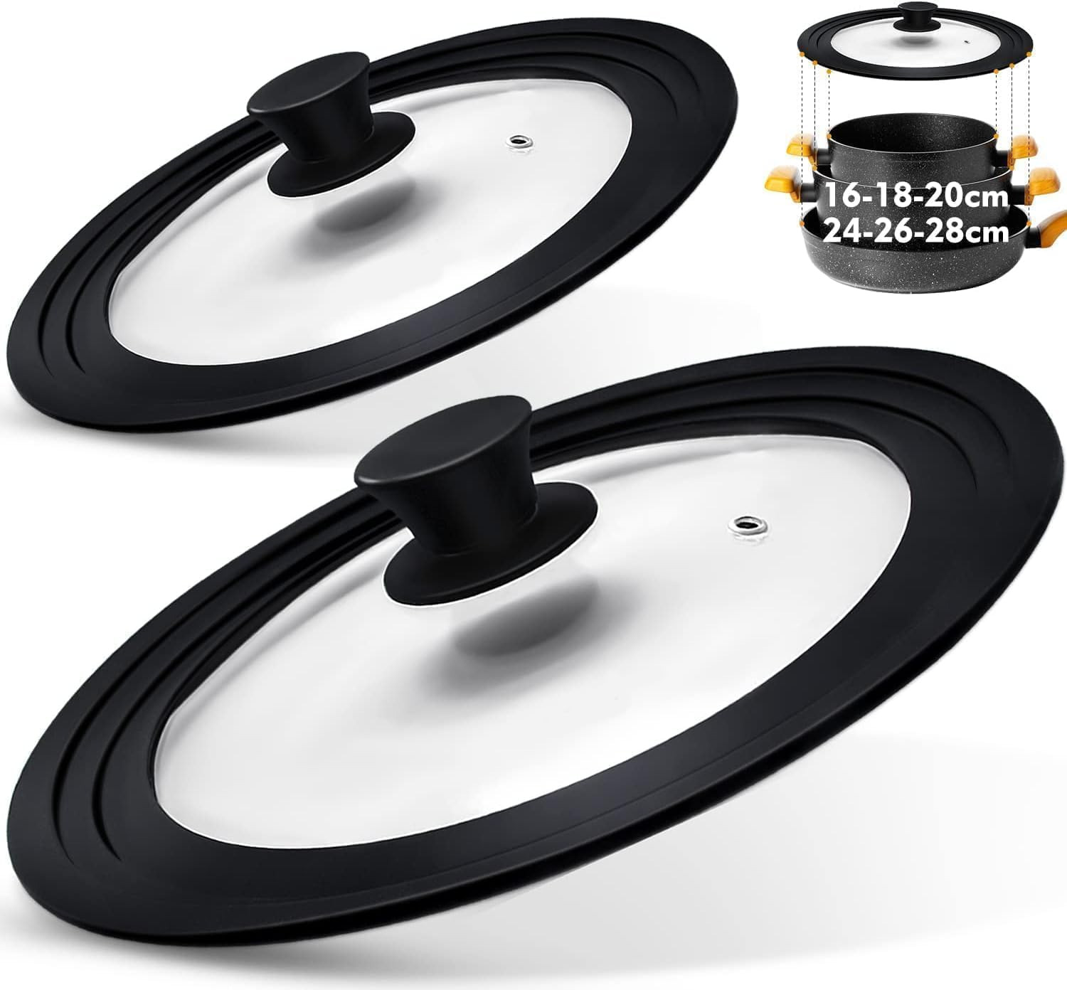 Bytebliss Universal Lid (Set of 2) - Silicone Ring for 16/18/20 Cm and 24/26/28 Cm Diameter Pots and Pans, Space Saving, Graduated Edge Design, Steam Hole Glass Lids, Dishwasher Safe image number 1