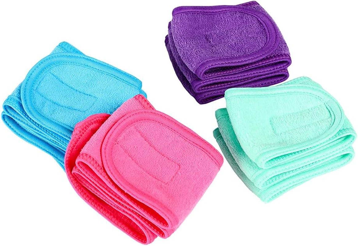 Facial Spa Headbands 4Pcs, Makeup Shower Bath Wrap Sport Headband Terry Cloth Stretch Towel with Magic Tape (Blue, Mint Green, Purple, Rose) - White image number 4