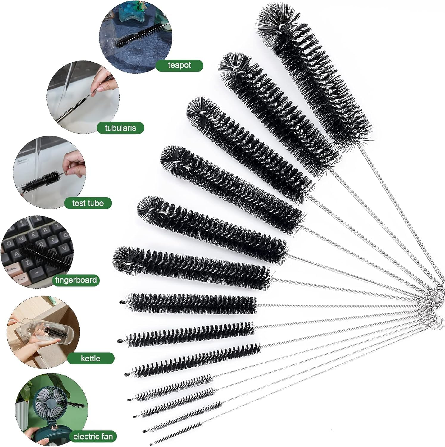 13 Piece Stainless Steel Flexible Cleaning Brush Set (8.2Inch), Durable Scrubbing Brushes for Straws, Bottles, Tubes, Pipes and Drains, Multi Size Cleaning Kit (0.11-1Inch), Duty and Reusable image number 2
