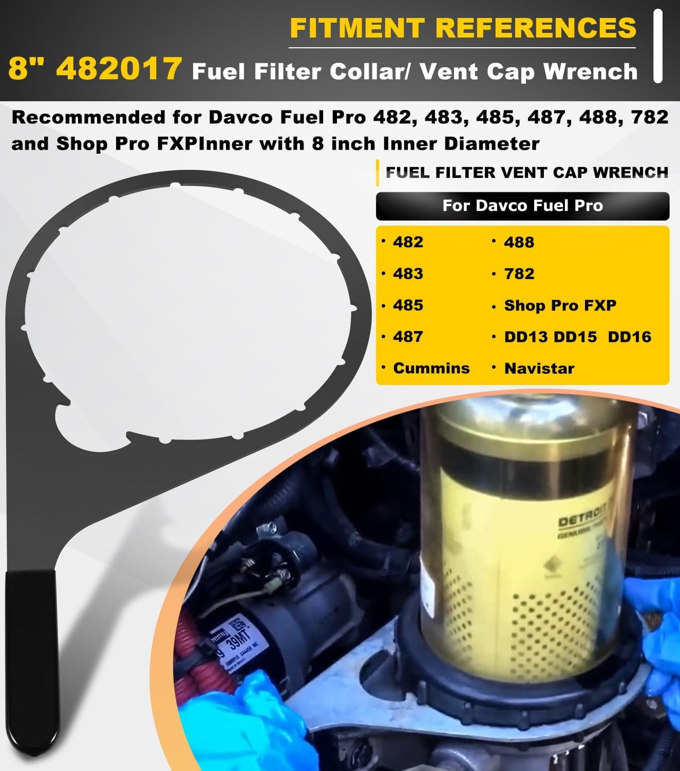 8" 482017 Fuel Filter Collar Vent Cap Wrench Metal for Davco Fuel Pro 482, 483, 485, 487, 488, 782 and Shop Pro Fxpinner with 8 Inch Inner Diameter image number 4