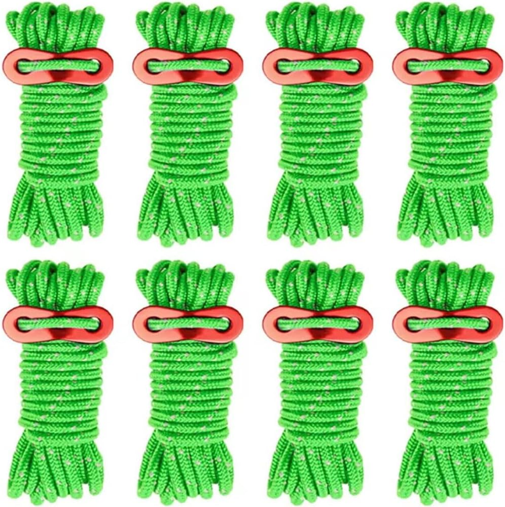 8PCS Reflective Tent Guy Ropes with Aluminium Tensioner, 4Mm X 4M Heavy Duty Camping Rope for Tent and Tarp and Outdoor, High Visibility Paracord Guyline Green image number 3