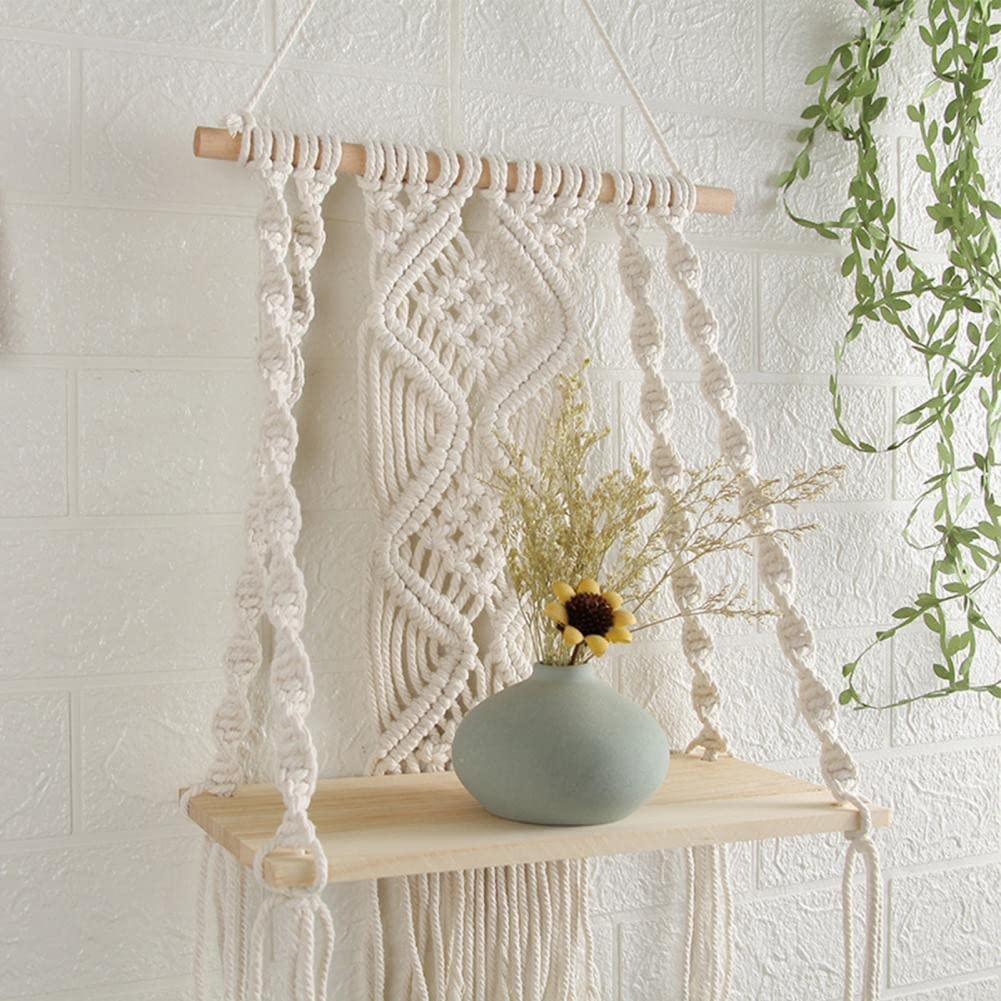 Hiuxume Macrame Wall Hanging Shelf Bohemian for Bedroom - Woven Rope Macrame Wall Art as Boho Bathroom Shelf Decor - Plant Hanger with Crochet Wall Hangings image number 1