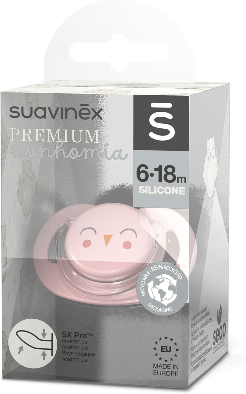 Suavinex Premium Soother with SX Pro Silicone Anatomical Teat for 6-18 Months Babies, Bonhomia Owl Pink image number 1