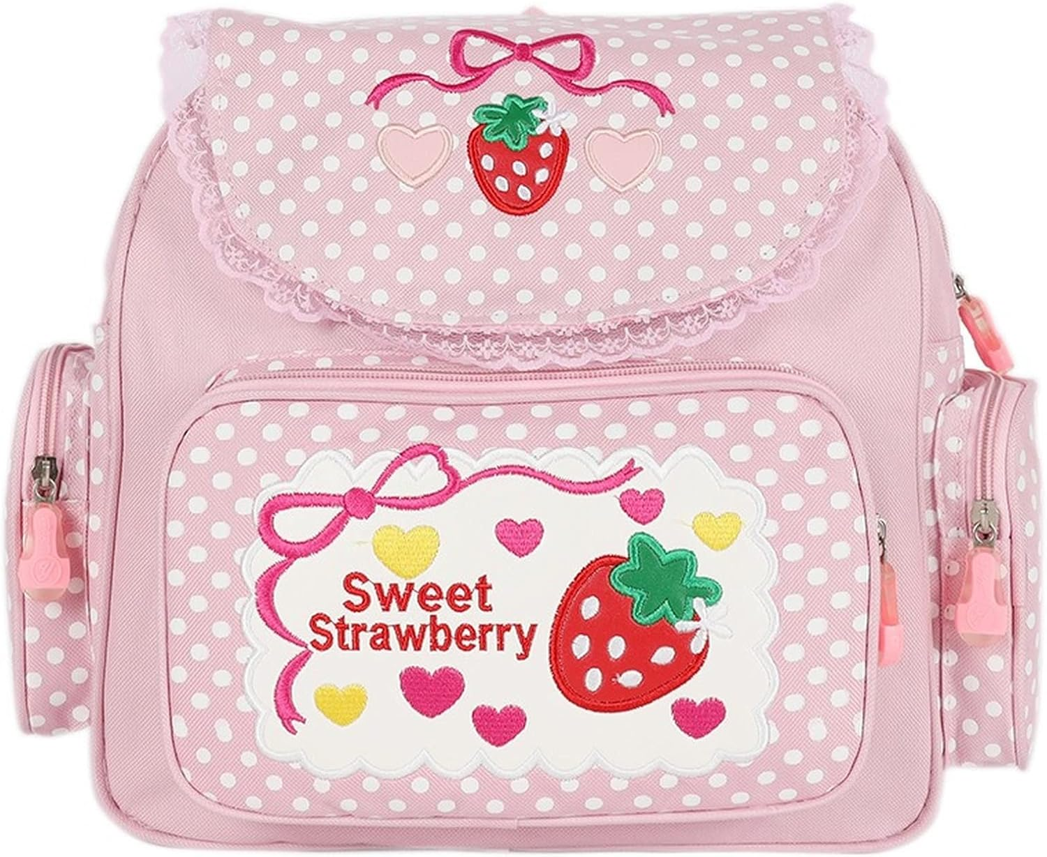 Aobiono Kawaii Strawberry Backpack Mini Cute Anime Aesthetic Pink Lace Polka Dot Small Bookbag Japanese Cartoon Fruit Bag, Pink, Large, Daypack Backpacks image number 4