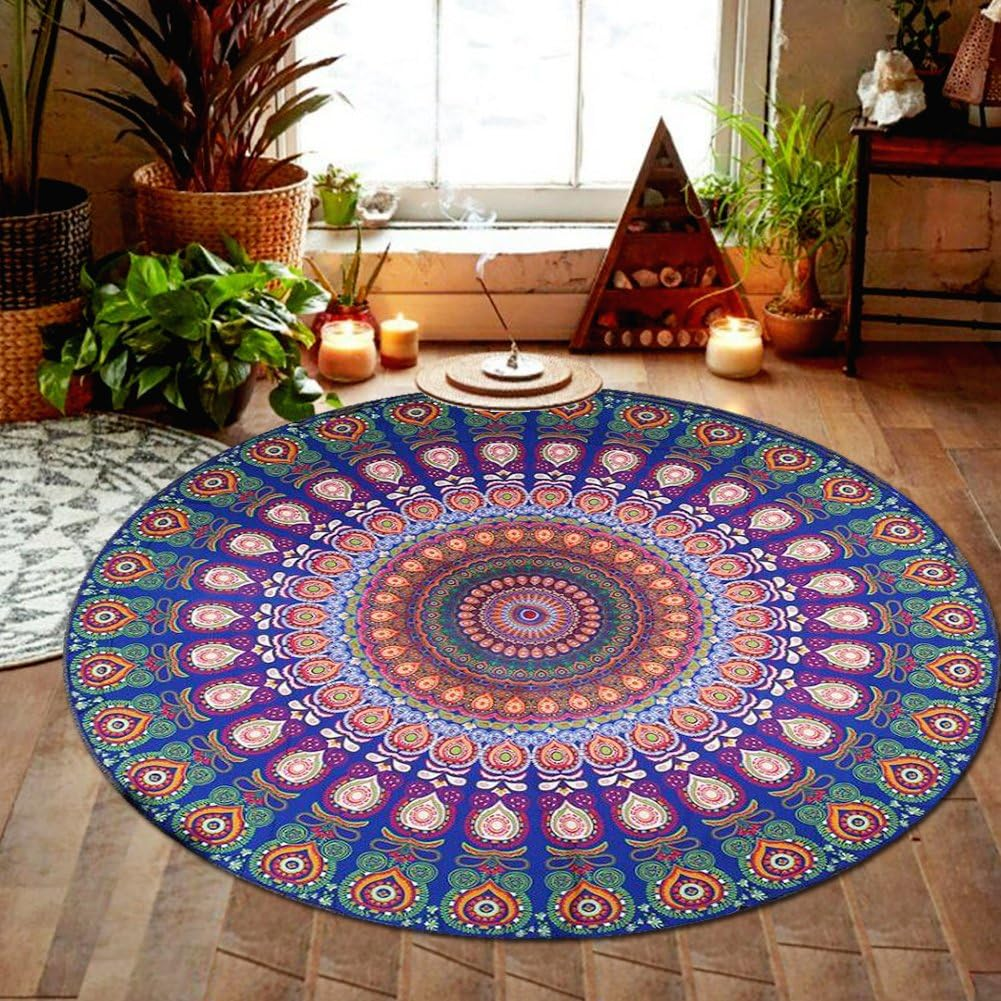 (150Cm, Dark Blue) - Resulzon Bohemian Style Tassels Hawaii Sunproof round Beach Throw Tapestry Hippy Boho Gypsy Tablecloth Beach Shawl (150Cm, Dark Blue) image number 5