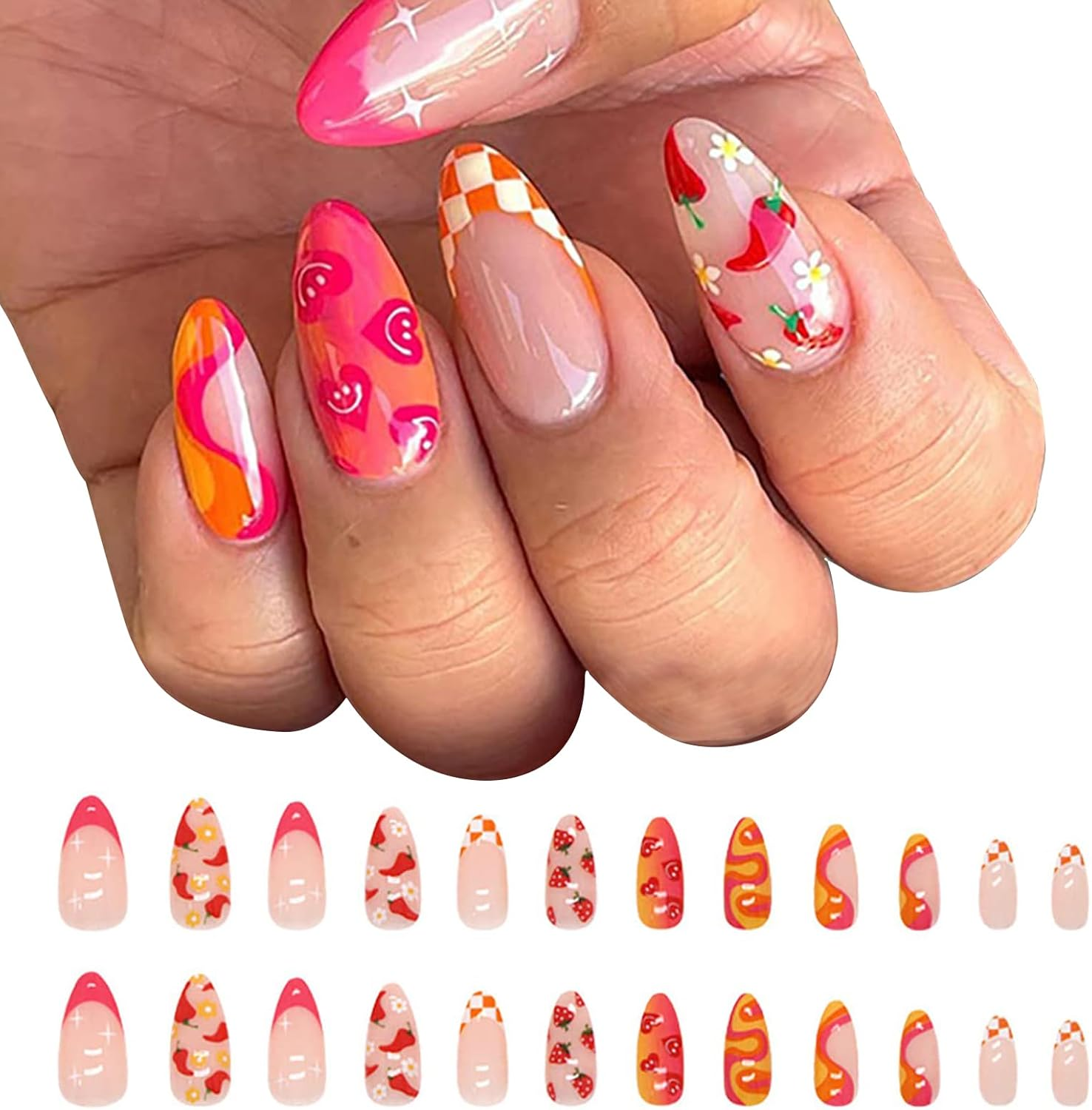 Tavvke 24 Pcs French Tip Press on Nails, Medium Almond Fake Nails with Colorful Fruit Swirl Floral Designs, Full Cover Nail for Women and Girls image number 2