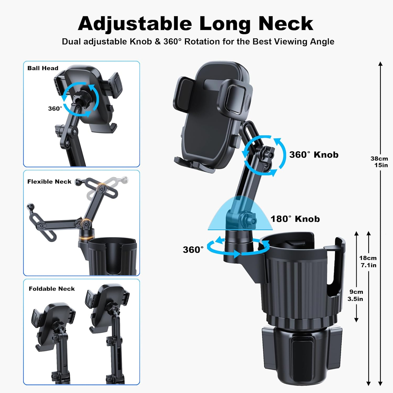 Peastrex Car Cup Phone Holder Mount（Bottle Friendly） Adjustment Long Arm 360 Degree Swivel Cell Phone Holder Cradles Compatible with Iphone Samsung Google and All 4.0-7.0 Inches Smartphones image number 2