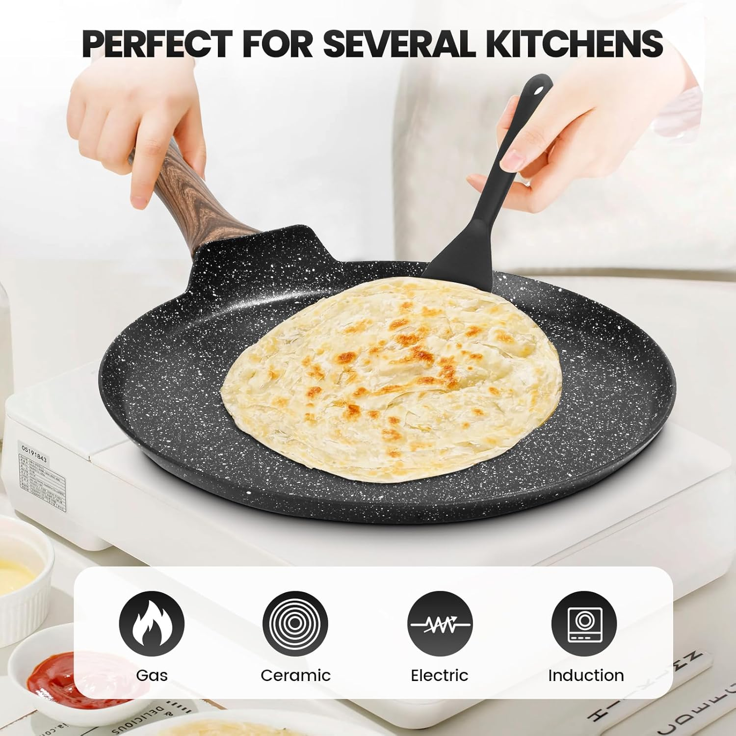 JNNQI Non-Stick Crepe Pan 28 Cm (11 Inch), Pfoa-Free Non-Toxic Coating, Gas/Electric/Induction Stovetop Compatible, Includes Silicone Spatula and Wooden Crepe Spreader Tool image number 2