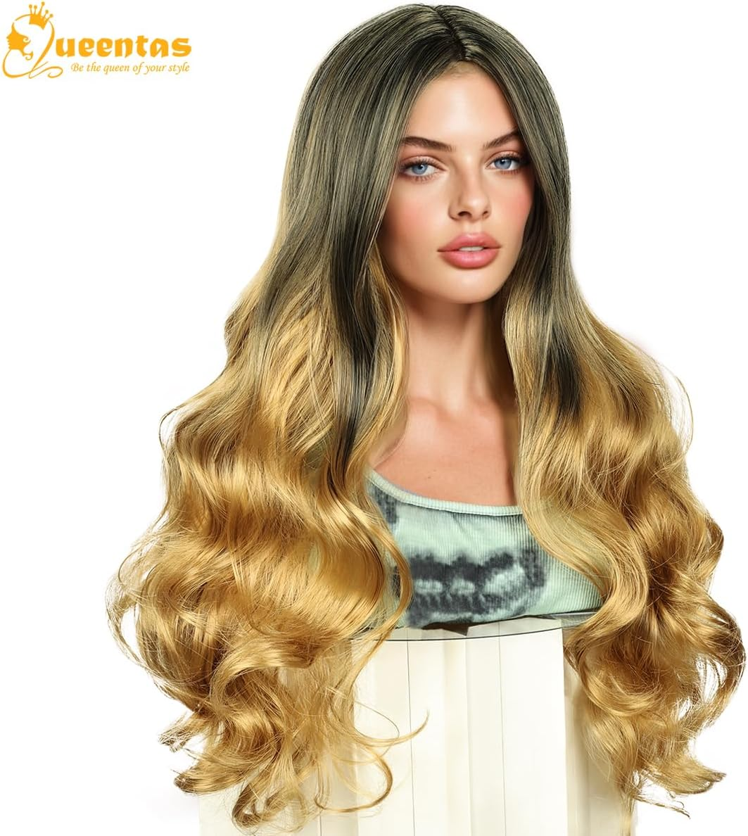 QUEENTAS 24 Inch Blonde Long Curly Wigs for Women Wavy Synthetic Hair Wig（Black Mixed Blonde） image number 2