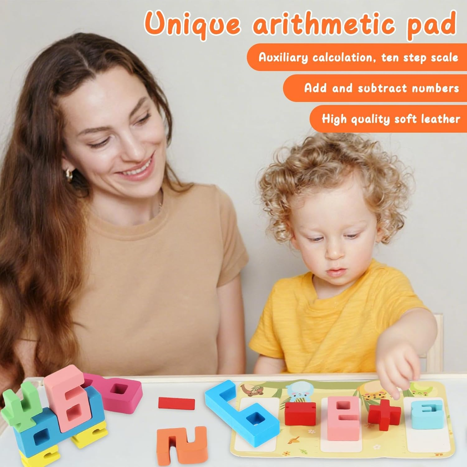 23Pcs Wooden Number Building Blocks, with Mathematical Symbol Blocks and Arithmetic Pad, Montessori Number Blocks Math Learning Toys for Kids Digital Educational Counting image number 2
