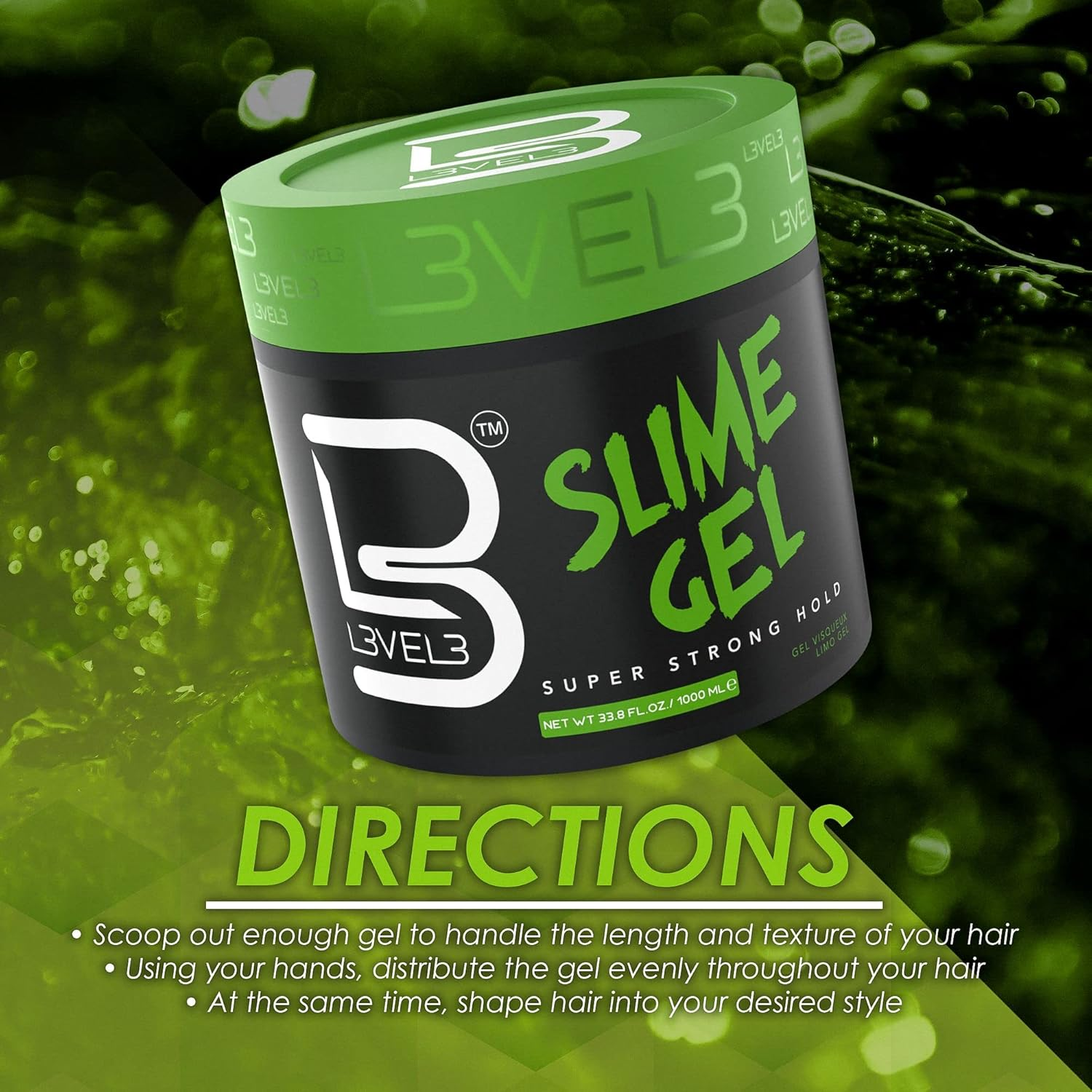 L3VEL3 L3-Gel Slime - Delivers Super, Strong Hold - Creates Sleek and Spiky Styles - Tames Frizz - Adds Shine and Volume - Water Based and Flake Free Formula - Enriched with Castor Oil - 16.9 Oz image number 2