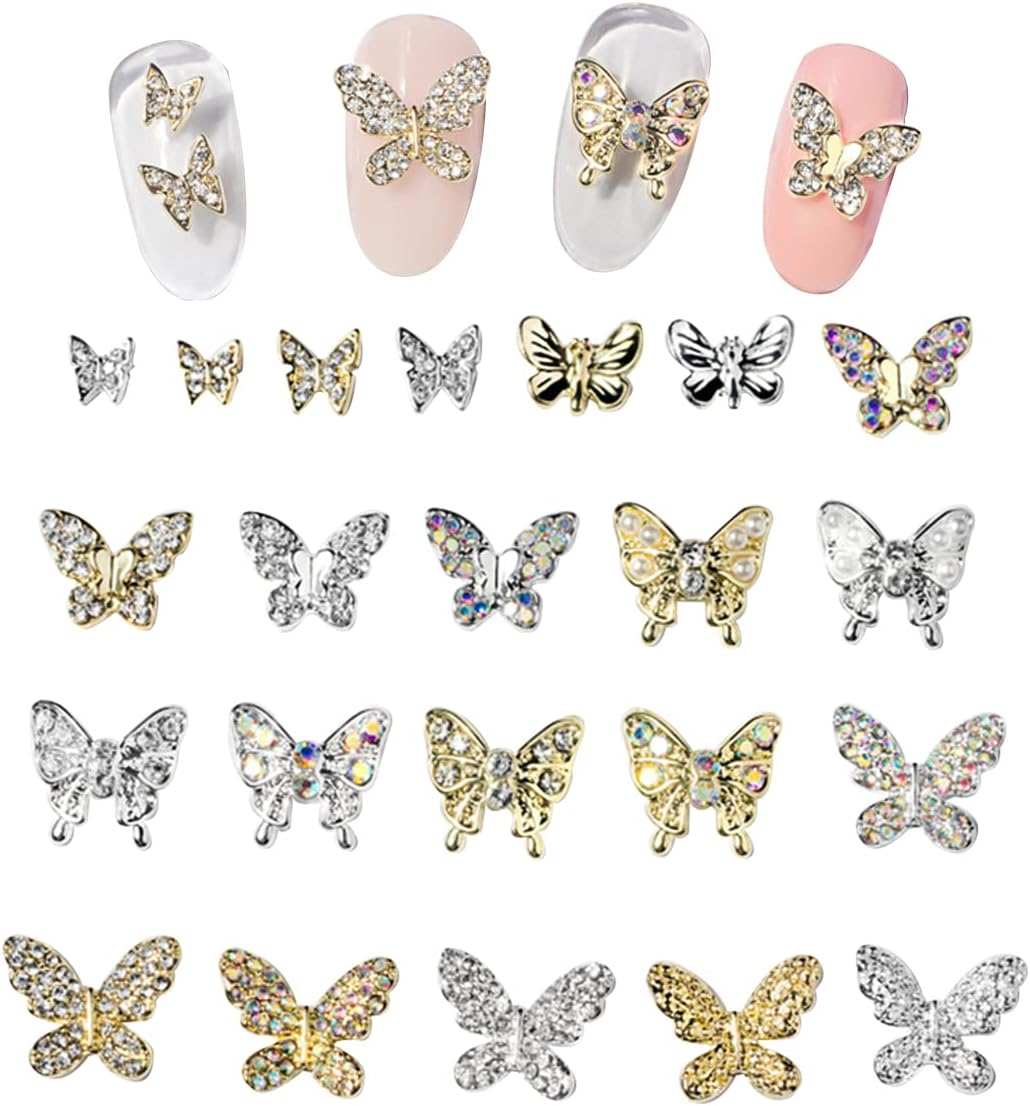 Butterfly Nail Charms,22Pcs Mixed 3D Metal Butterfly Nail Rhinestones Charms,Shiny Nail Gems Jewels Studs for Nail Art Design Decorations DIY Crafts Gold Silver image number 5