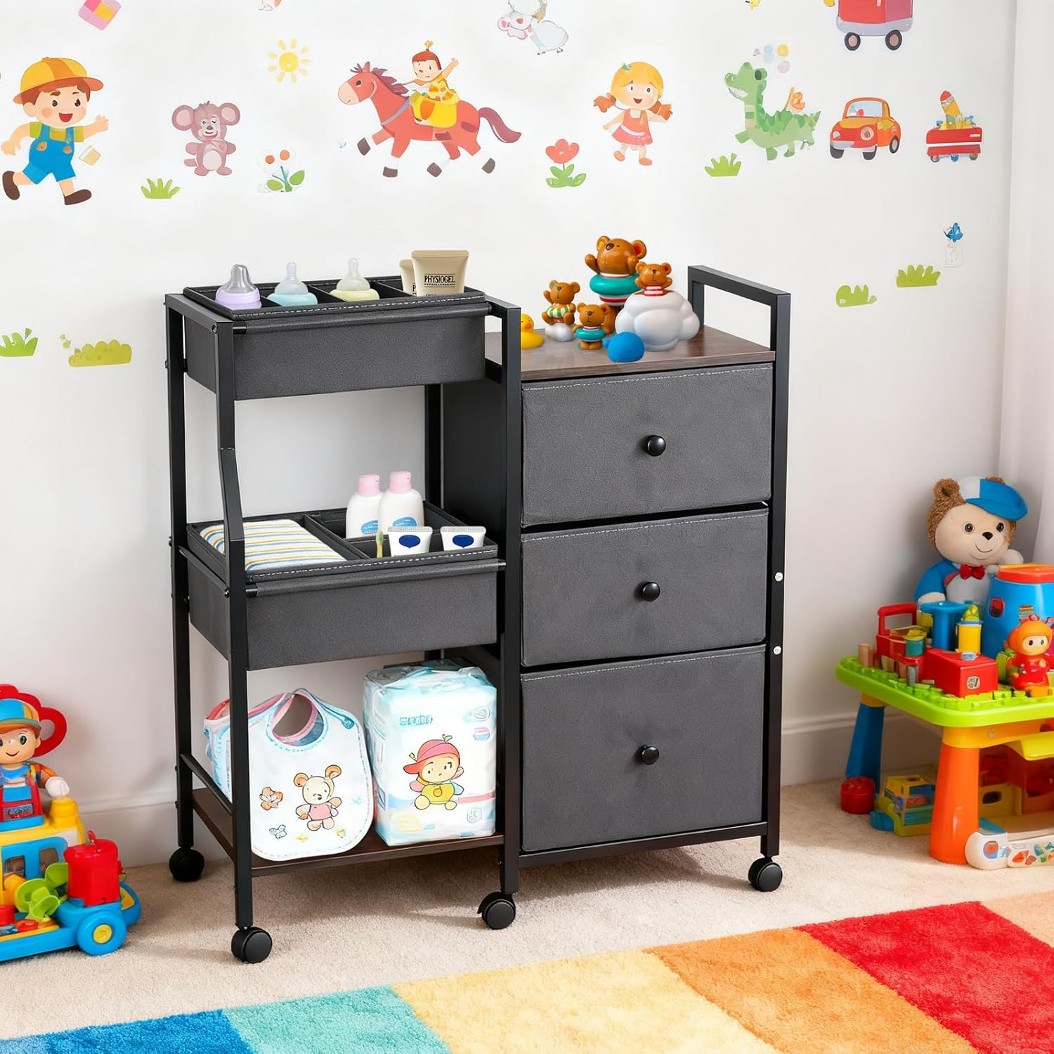 Hiaksedt Baby Diaper Caddy Organizer and Storage, 3 Tier Rolling Cart with Drawers and Dividers Baby Nappy Bin Newborn Essentials Cart for Nursery, Bedroom, Changing Table & Crib