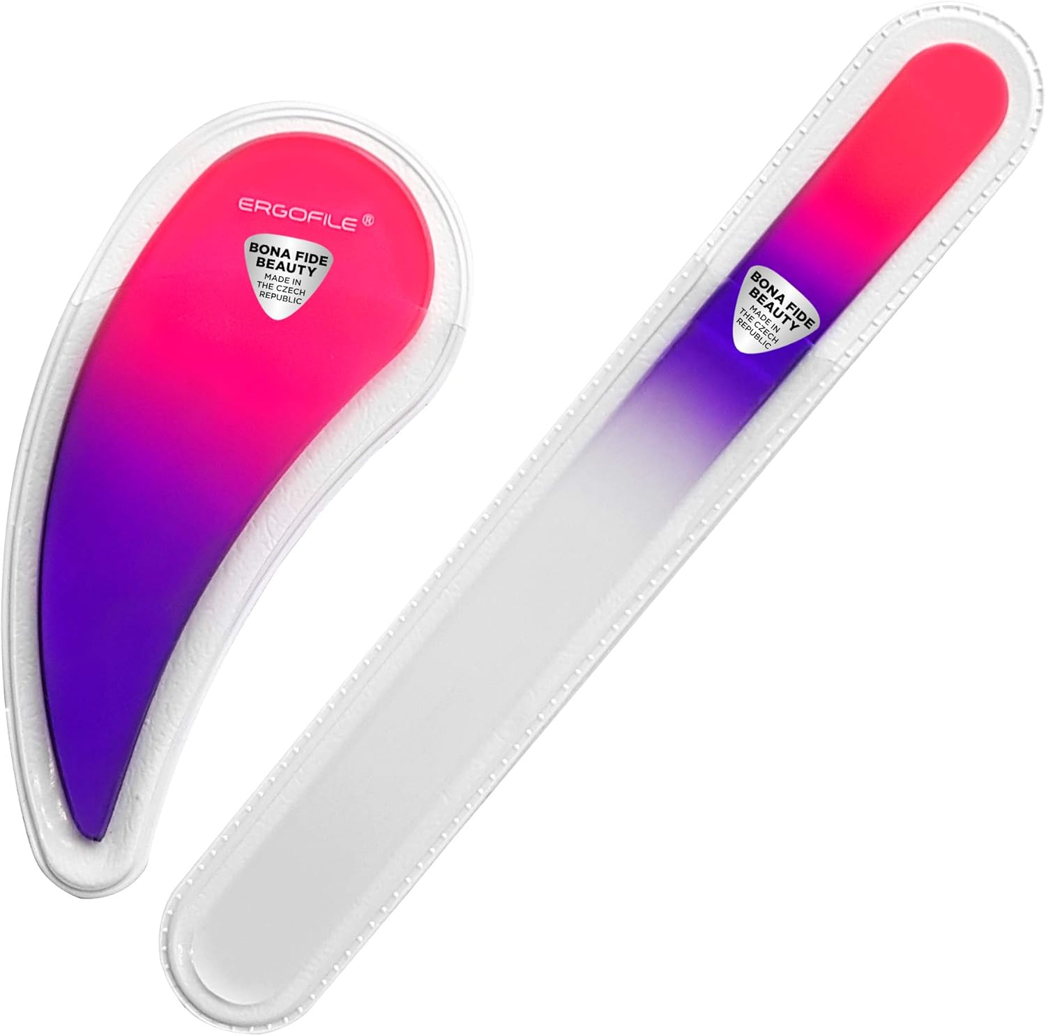 Bona Fide Beauty Ergonomic Nail File Set - 2PC Czech Glass Ergofile Set for Natural Nails and Acrylic Nails (Pastel Green and Violet)
