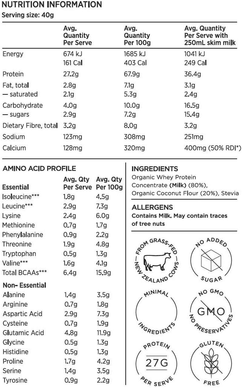 Inca Organics Organic Protein Powder Coconut, 100% Certified Organics, GMO Gluten and Added Sugar Free, 1Kg, Whey Coconut 1 Kilograms image number 2