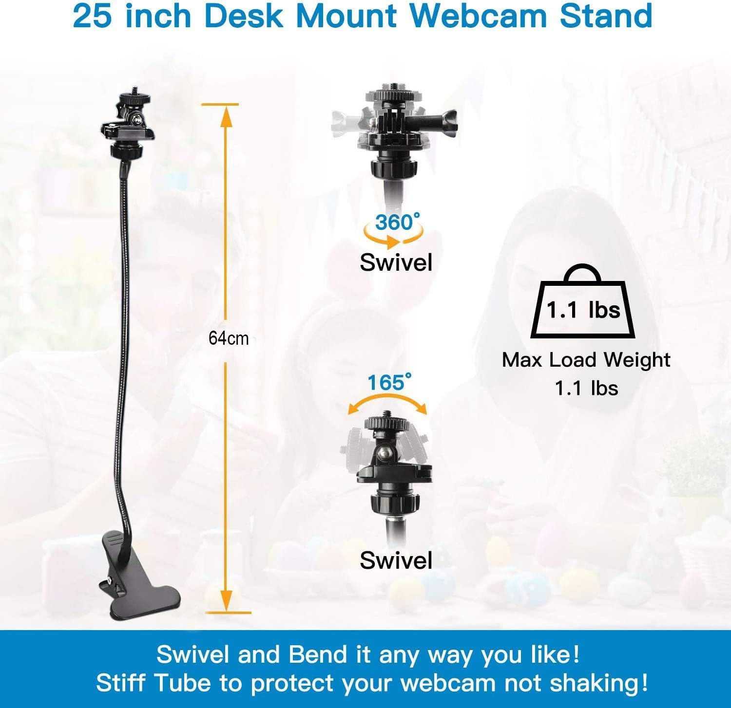 Bytebliss 25 Inch Webcam Stand - Flexible Desk Mount Clamp Gooseneck Stand Compatible with Logitech Webcam C930E,C930,C920, C922X,C922, Brio 4K, C925E,C615 image number 6