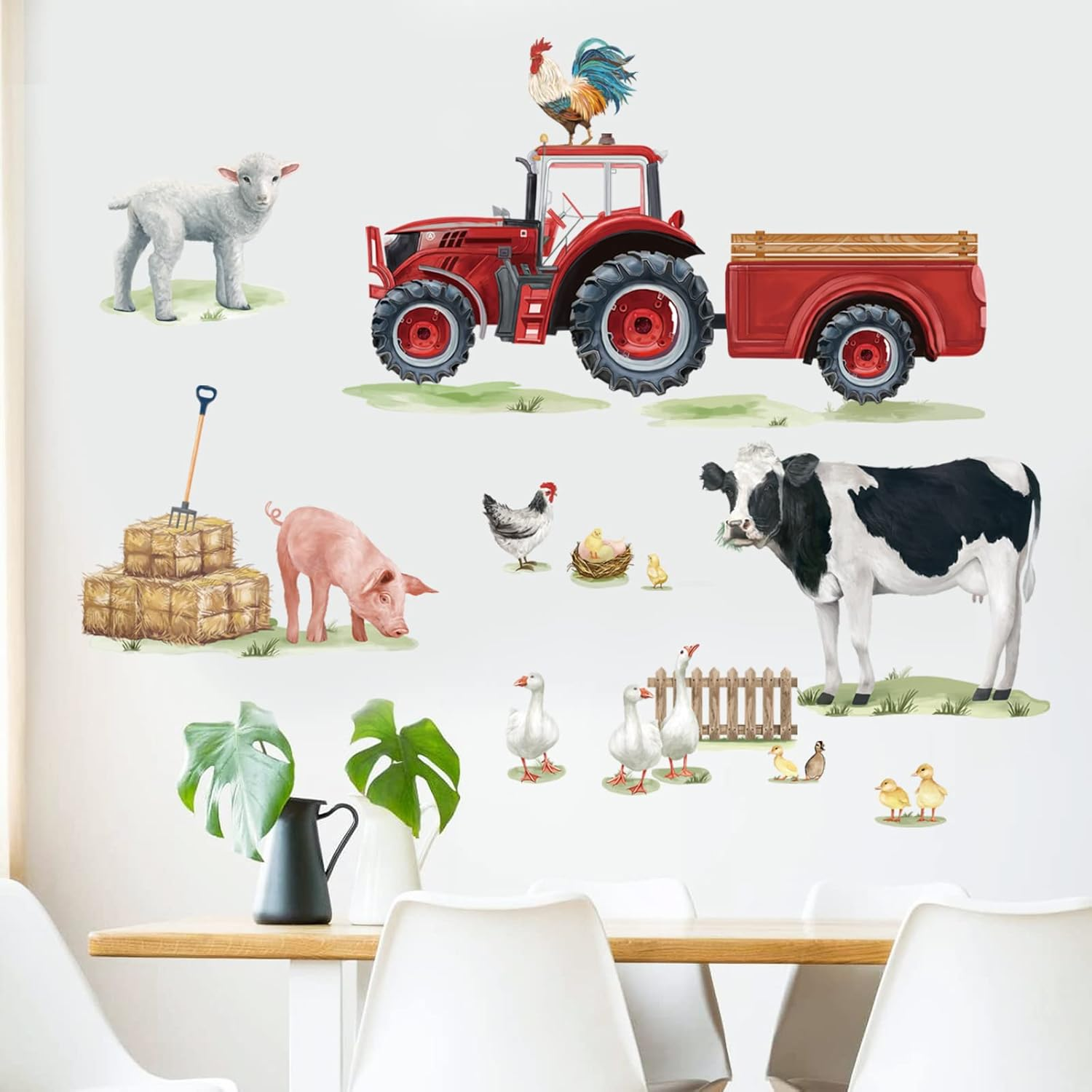 Wondever Farm Animals Cow Wall Stickers Farmhouse Truck Roosters Peel and Stick Wall Art Decals for Kitchen Living Room Kids Room image number 1