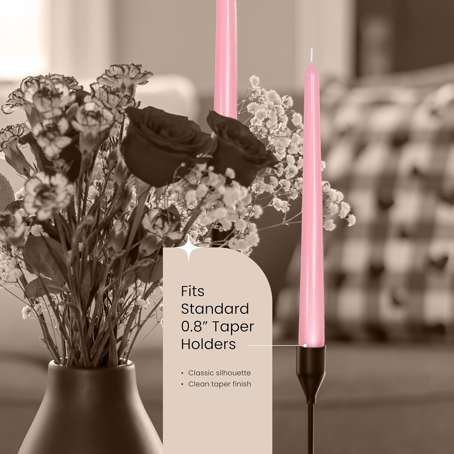 Leor & Lair Light Pink Taper Candles - 12 Pack 10" Pink Candlesticks - Unscented Blush Candles for Weddings, Mother&rsquo;S Day, Baby Showers, Dinner Table & Holiday Decor - Black image number 4
