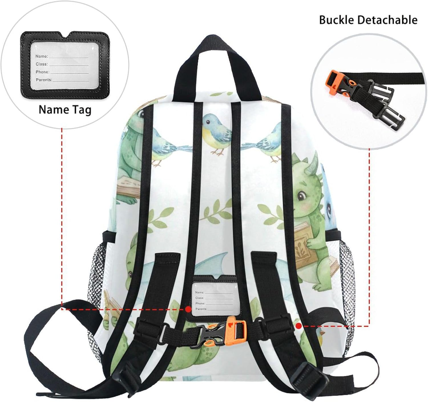 RPLIFE Cute Dragon White Toddler Girl Backpack with Name Tag, 3-8 Years, image number 3