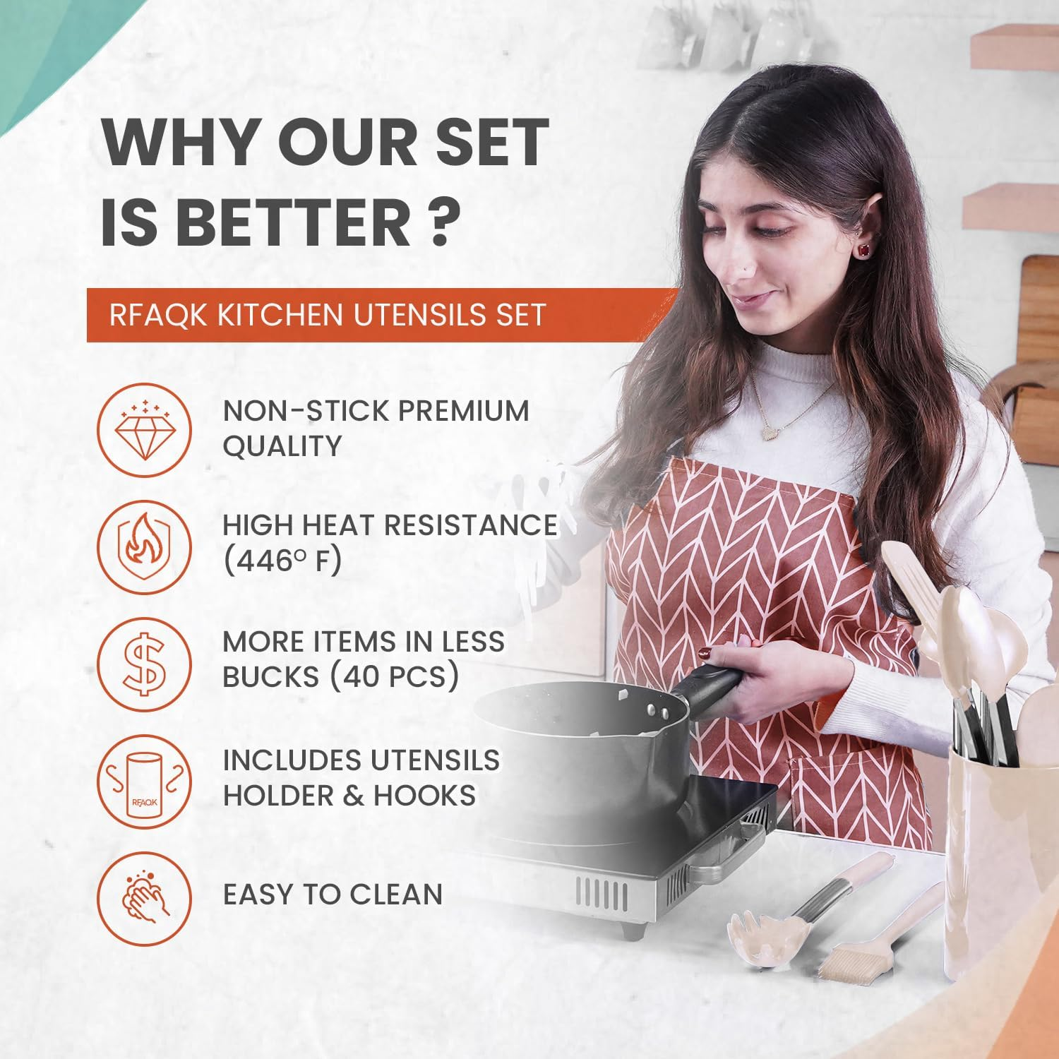 RFAQK Kitchen Utensils Set with Holder, 40Pcs Silicone Cooking Utensils for Nonstick Cookware,Heat Resistant Kitchen Tools & Gadgets with Can Opener,Potato Peeler,Tongs, Spatulas, (40 Pcs Khaki) image number 4