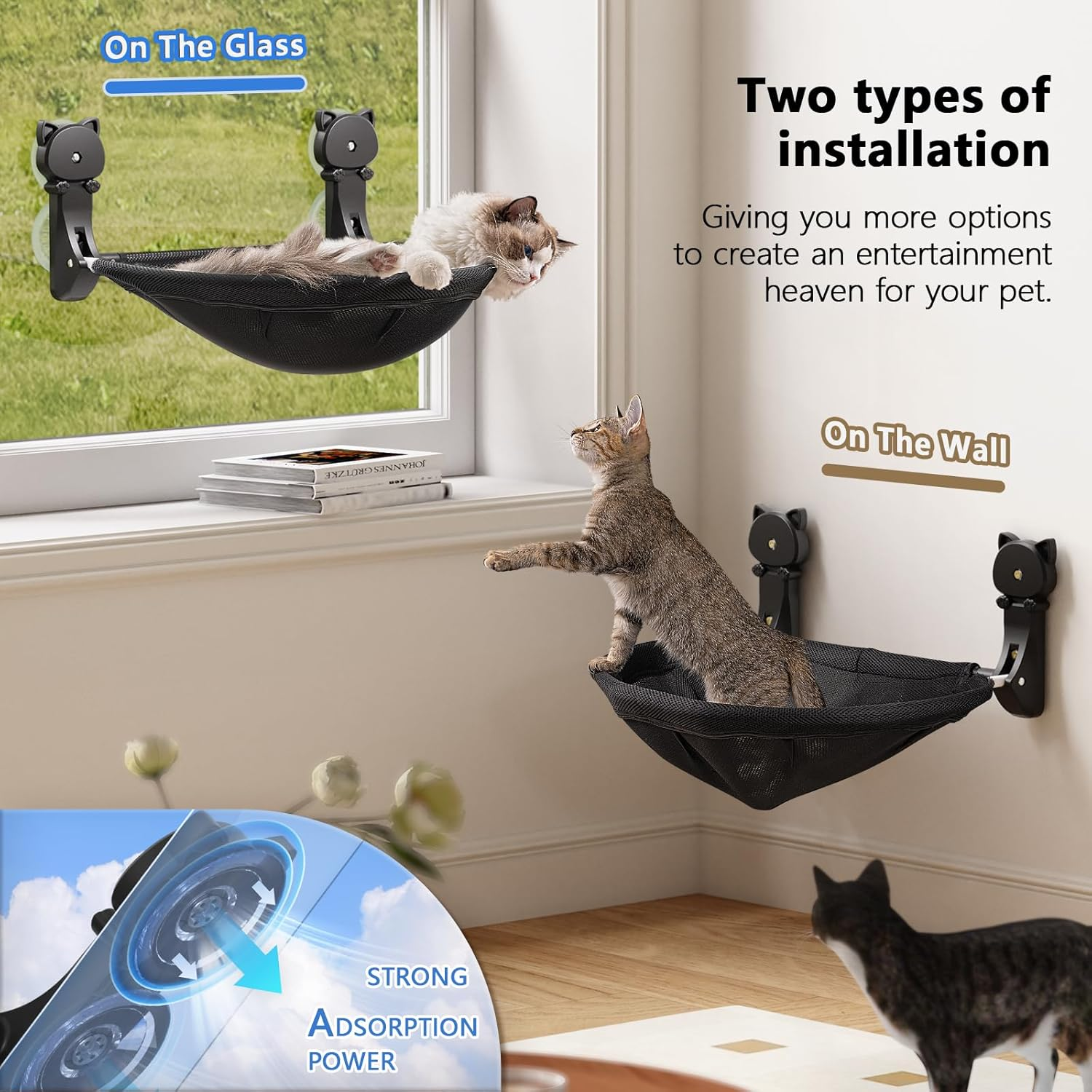 JUNSPOW Cat Window Perch Cordless, Foldable & Stable Cat Beds- Breathable Cat Window Hammock for Overlooking, Sunbathing and Climbing - Maximum Hold up to 40Lb image number 5