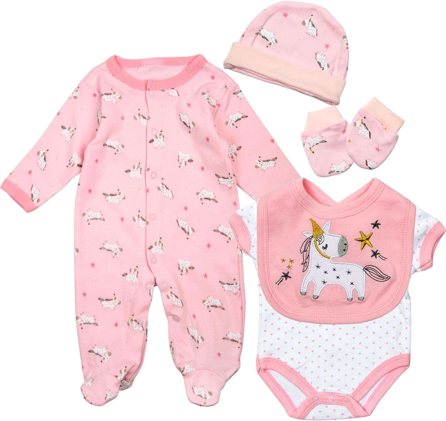 5 Pcs Reborn Baby Dolls Clothes for 17-22 Inch Girl Doll, Pink Newborn Doll Clothes + Hat and Bib Outfit Accessories Newest Design image number 1