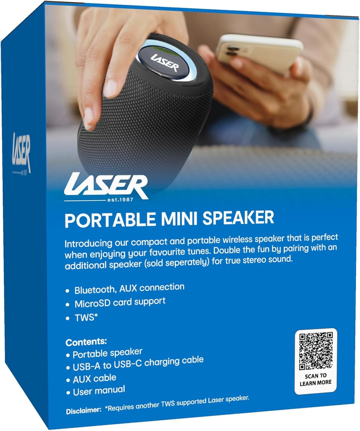 Laser Mini Portable Fabric Bluetooth Speaker, AUX, USB, Microsd, TWS, LED Light Display, Type-C Charging, 1200Mah Battery, up to 2 Hours Playtime, Compact and Lightweight - Black image number 1