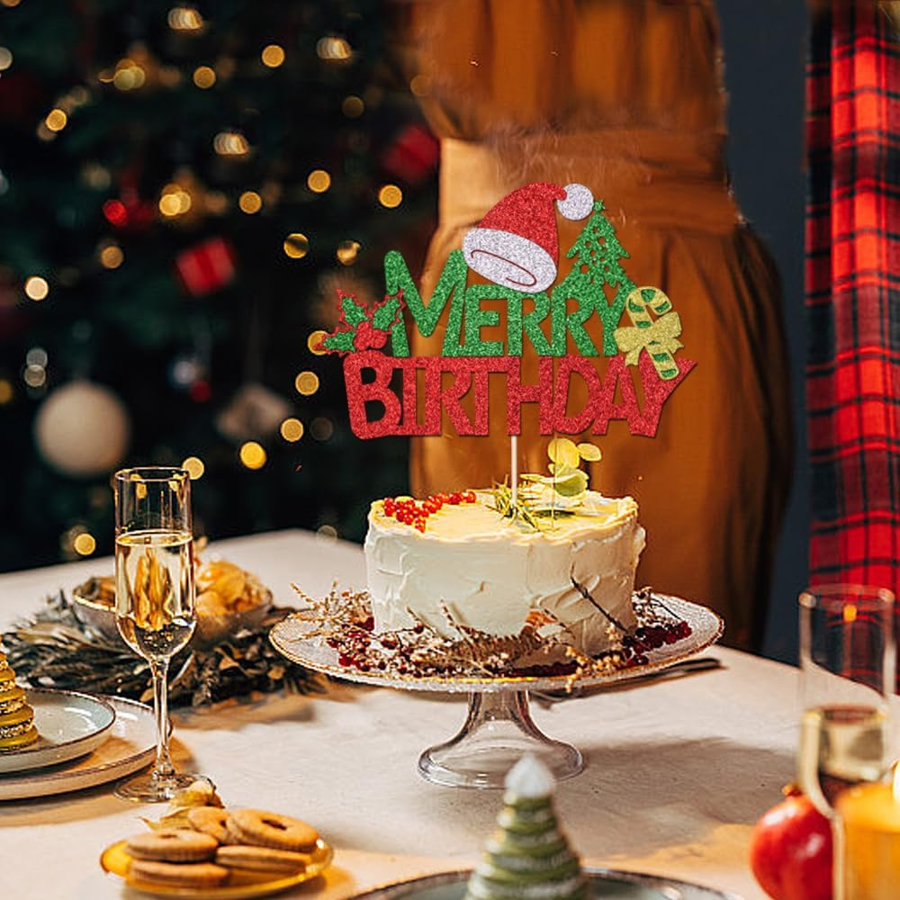 Merry Birthday Cake Topper,New Year Christmas Holiday Party Supplies,Red & Green Glitter Christmas Cake Decorations，Winter Holiday Cake Picks-Christmas Birthday Party Supplies(Birthday 2) - Birthday 2 image number 5