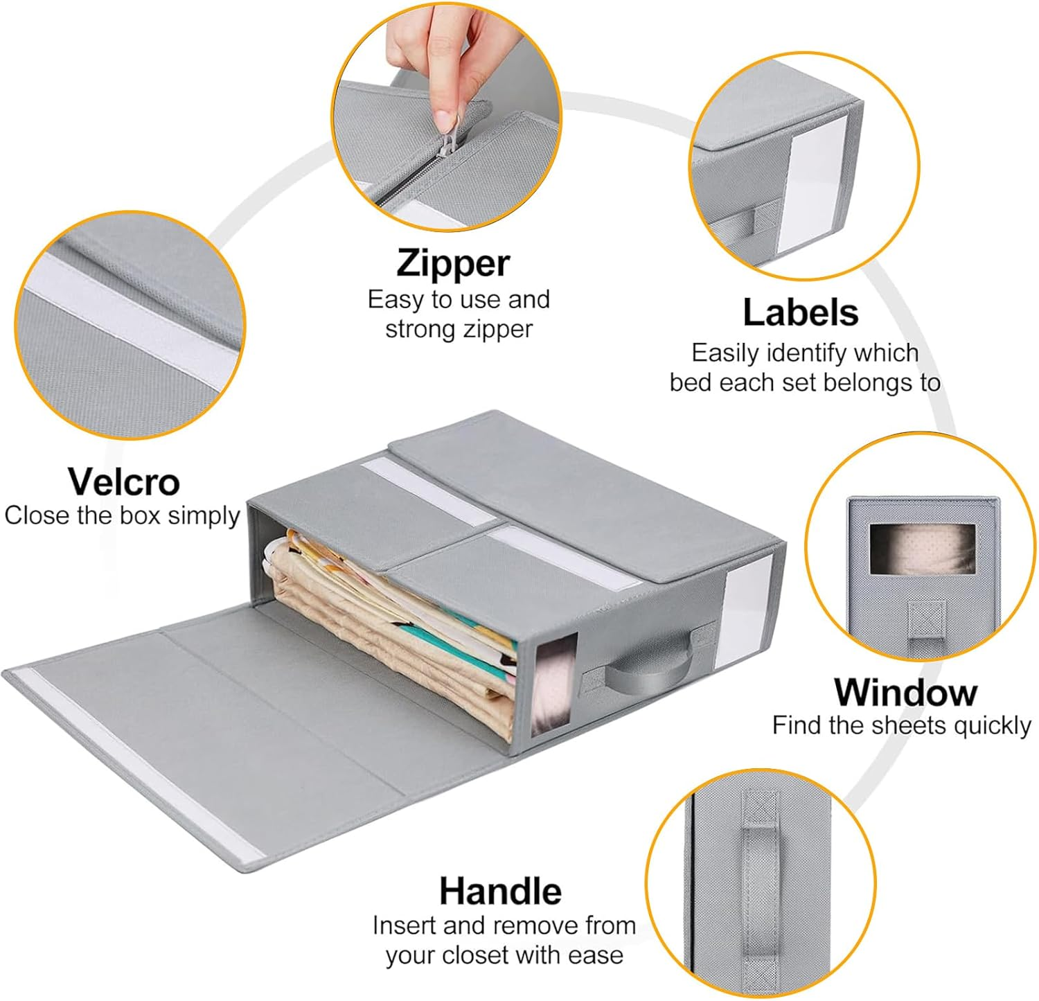 4 Pack Bed Sheet Organisers with Window - Foldable Bedding Linen Organiser for Sheets, Closets, Wardrobe, Home, Space-Saving Storage Solutions - Grey image number 1