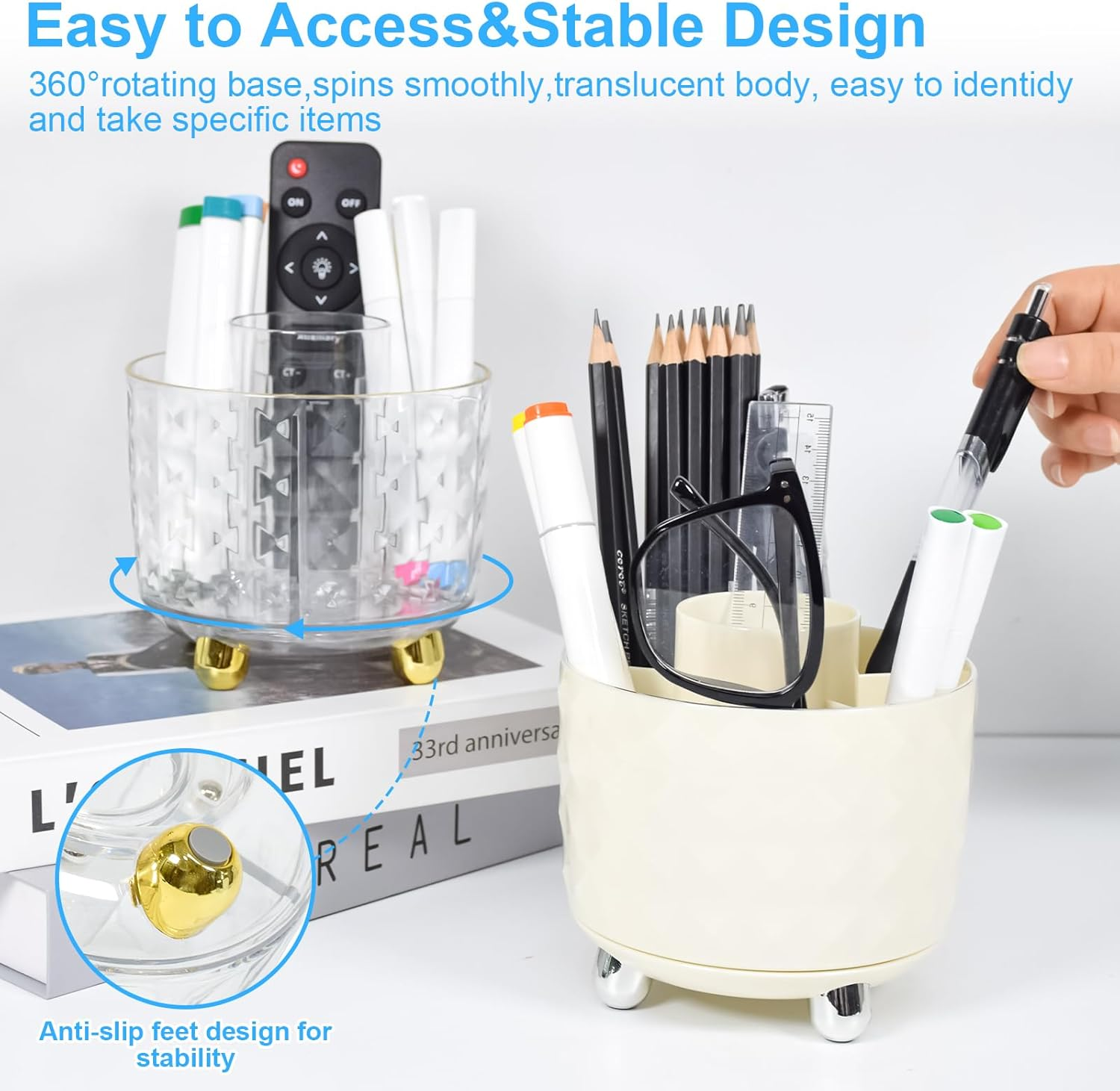 Marte Vanci Pen Pencil Holder, 360&deg; Rotating Makeup Organiser Brush Holder with Phone Stand, Pen Pot Brush Organiser 5 Slots Desk Storage Box Caddy for Dressing Table Office Stationery Clear Gold