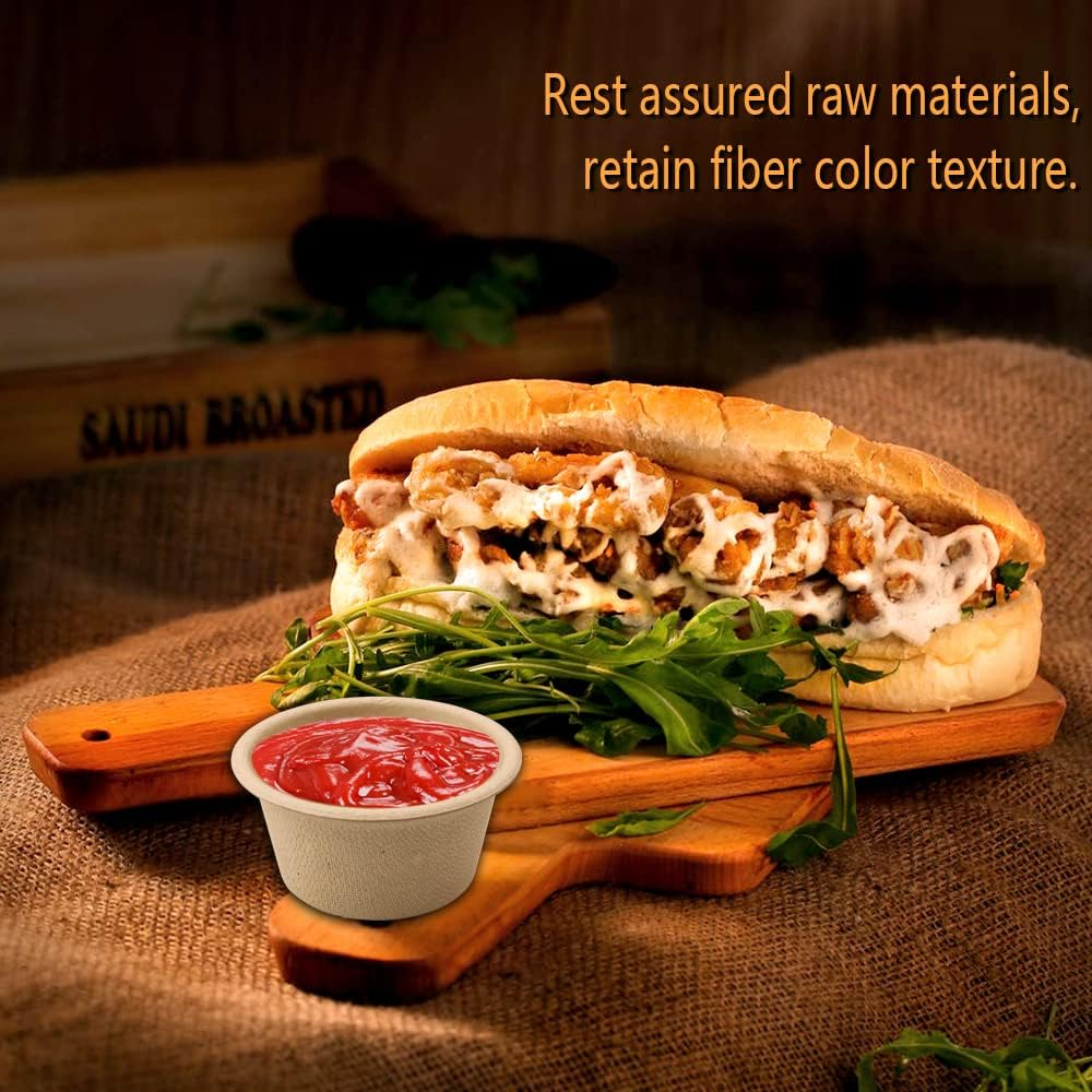 Leonbach 100 Pack Natural Bagasse Fiber Bowls 2Oz Disposable Paper Cups Microwavable Safe Sample Snack Charcuterie Serving for Sauce Portion Ice Cream Pet Food Desserts image number 1