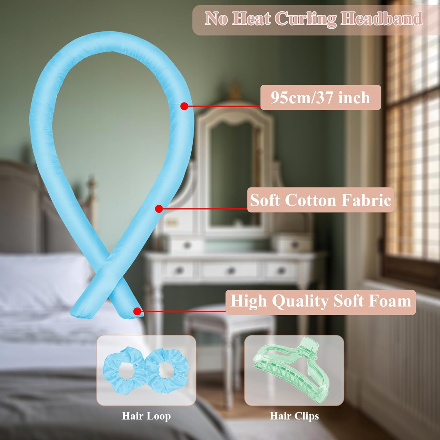 Heatless Hair Curler Headband Creates Heatless Curls and Waves While You Wear (Blue, Medium) - Blue image number 1