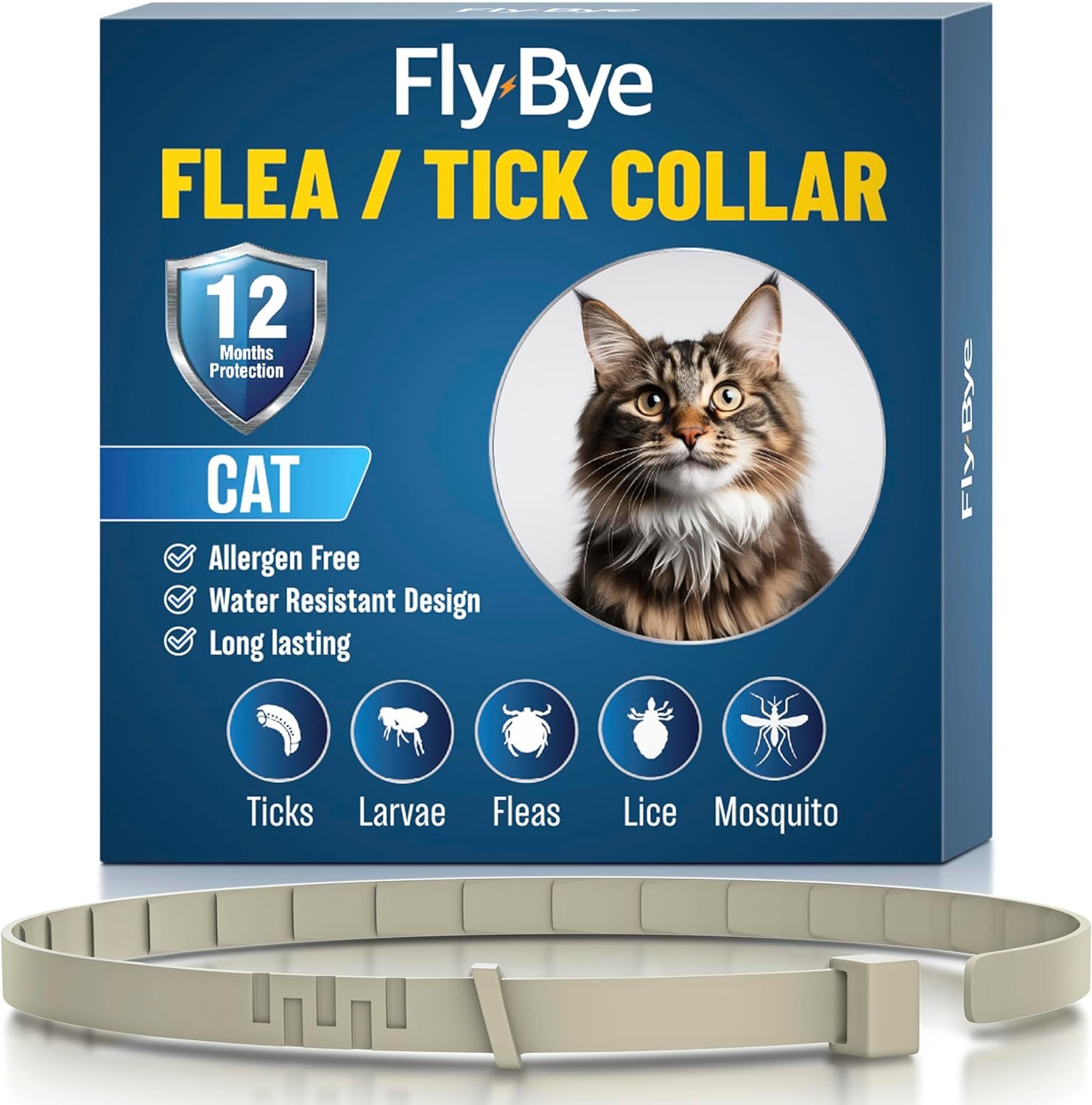 Fly-Bye Flea Collar for Cats - Flea and Tick Treatment - Cat Flea Collars - Tick Collars for Cats - anti Flea Cat Collar - 12 Months Protection - Adjustable, One Size Fits All - Grey image number 3