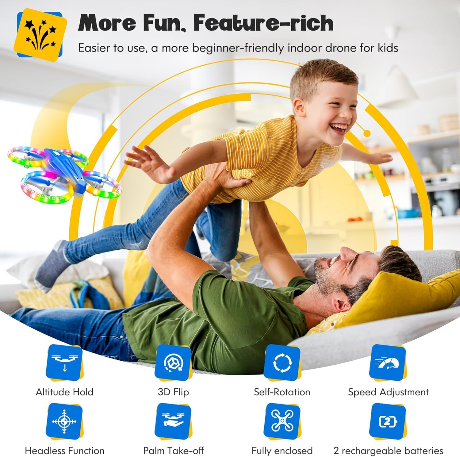 Drones Toys for Kids with Cool Light, 3D Flip, Altitude-Hold, Self-Rotation, Headless Mode, 3 Speed Modes, One-Click Take-Off/Landing, Mini Drone for Christmas, Beginners, Indoor image number 3