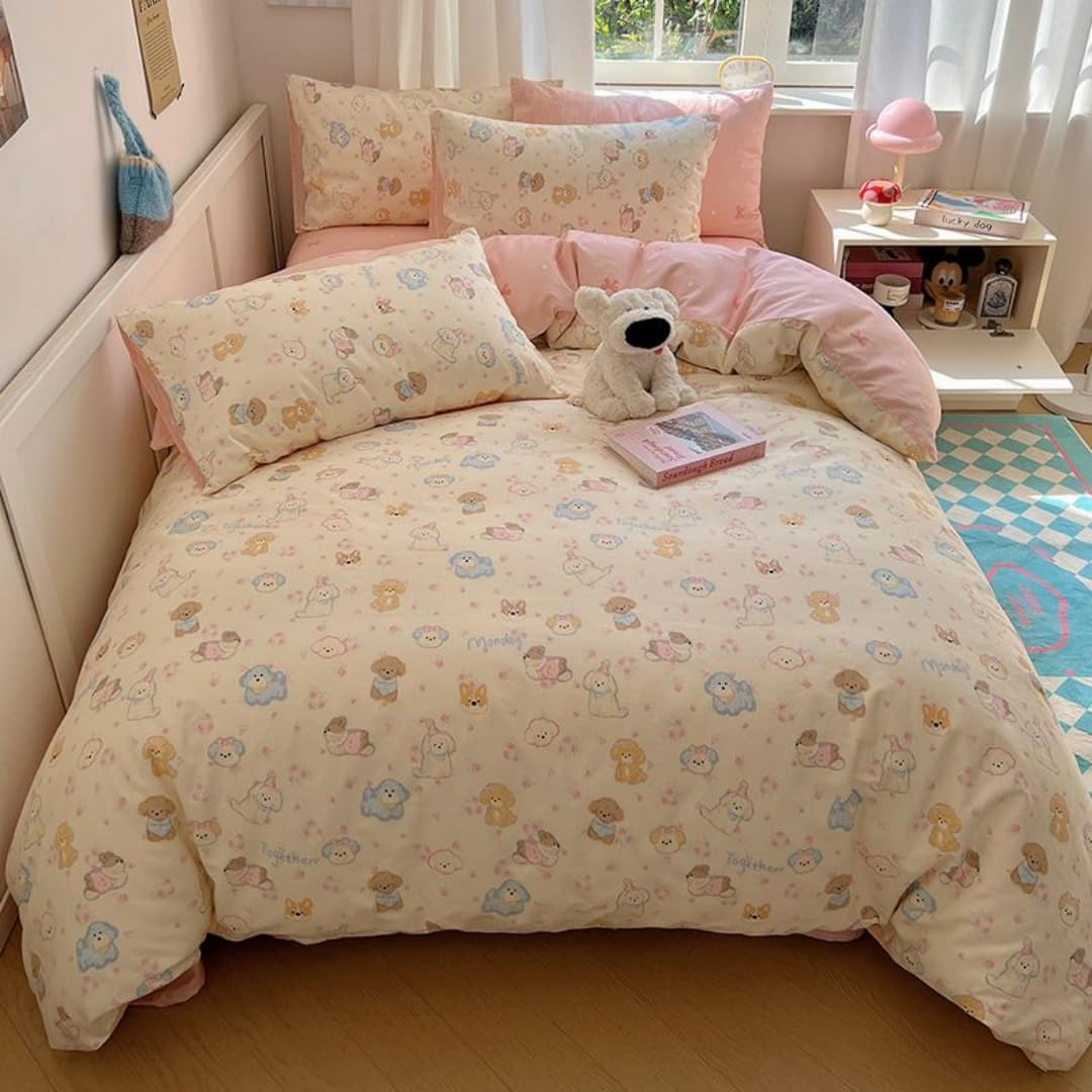 3 Pcs Girls Dogs Comforter Cover Set Bed Set Yellow Cute Cartoon Pet Puppy Bedding Set for Kids Boys Teens (1 Comforter Cover, 2 Pillow Sham) (Yellow, Full)