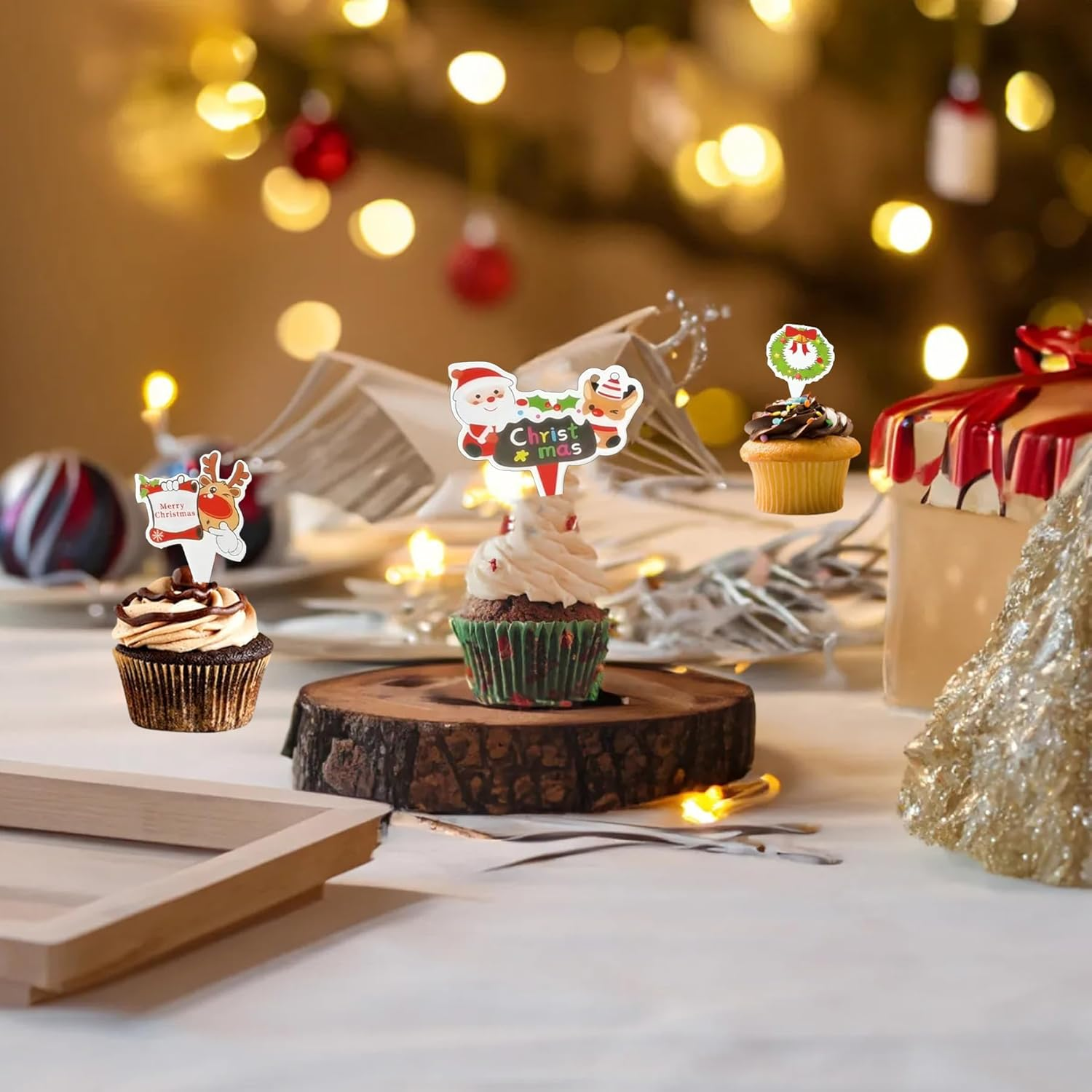 70PCS Christmas Cupcake Toppers Santa Claus Reindeer Snowman Cake Topper DIY Cake Insert Topper Christmas Toothpick Flags Cake Decorations for Christmas Party Holiday Supplies (B) image number 4