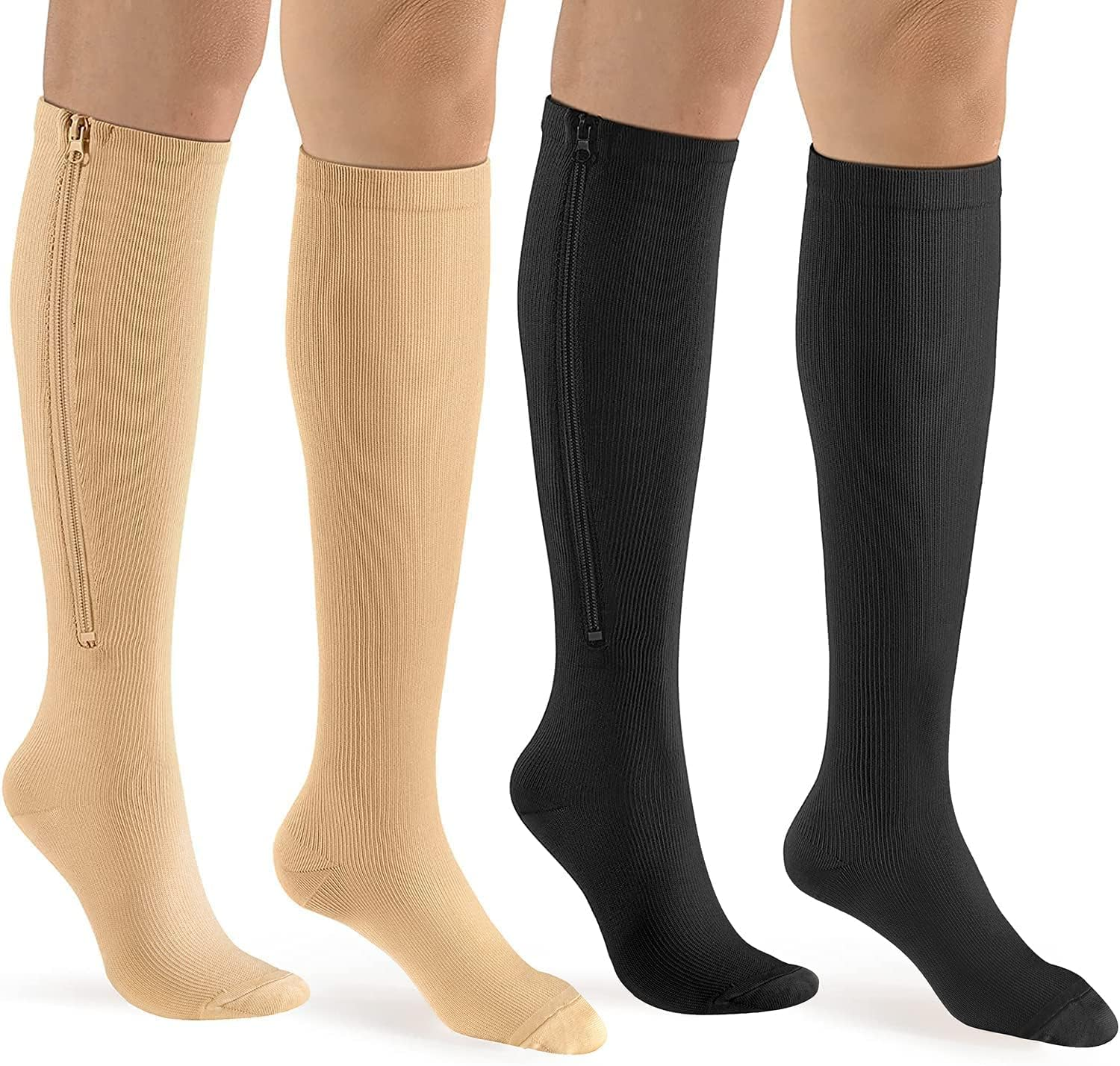 Bropite Zipper Compression Socks Women&Men 2 Pairs Knee High 15-20 Mmhg Closed Toe Compression Socks for Running, Varicose