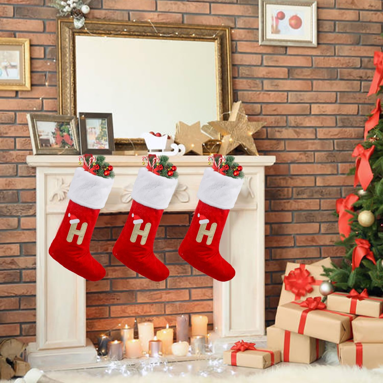 VEYLIN Christmas Stockings with Letters, 20 Inch Large Plush Christmas Stockings Embroidered Stockings Stockings for Kids/Adult Red Letter(H) image number 2