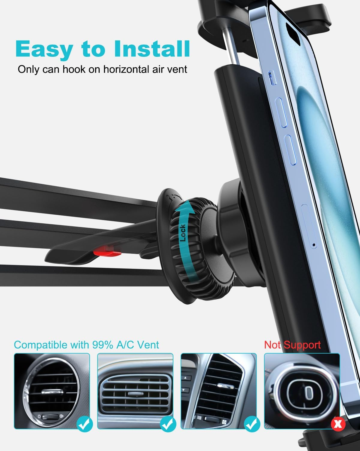 Woleyi Car Vent Tablet Mount for Car, [Upgrade Clip Never Fall] Air Vent Tablet Holder, 360&deg; Adjustable Truck A/C Hook Cradle for Ipad Pro 11 Air Mini, Z Fold, Galaxy Tab, Iphone, 4-11" Tablet & Phone image number 4