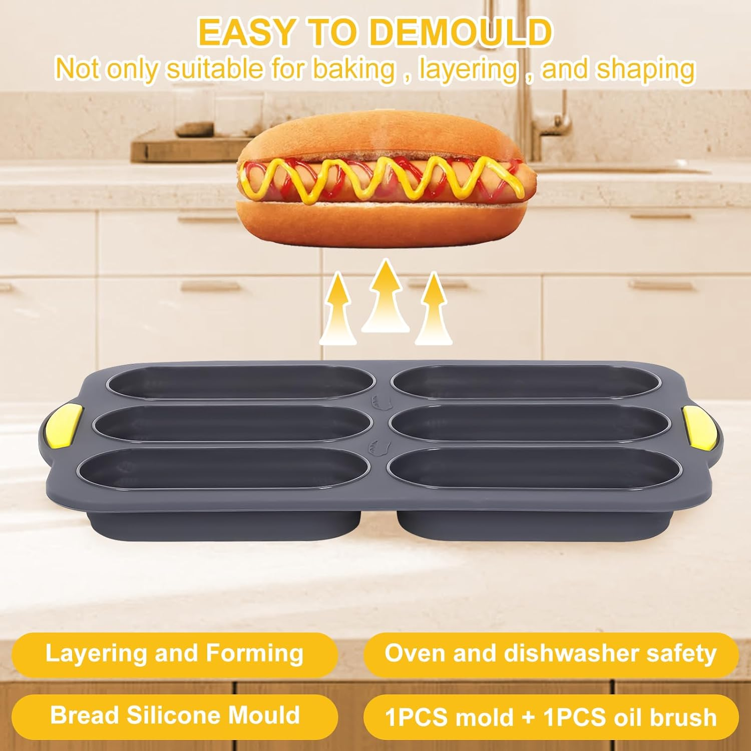 TOWEBOORY Silicone Bread Mold, Hot Dog Baking Molds with 6 Cavities and Oil Brush Non Stick Loaf Baking Pan Tray for Homemade Baking French Baguettes Hot Dog Buns (Gray) - Brown image number 5