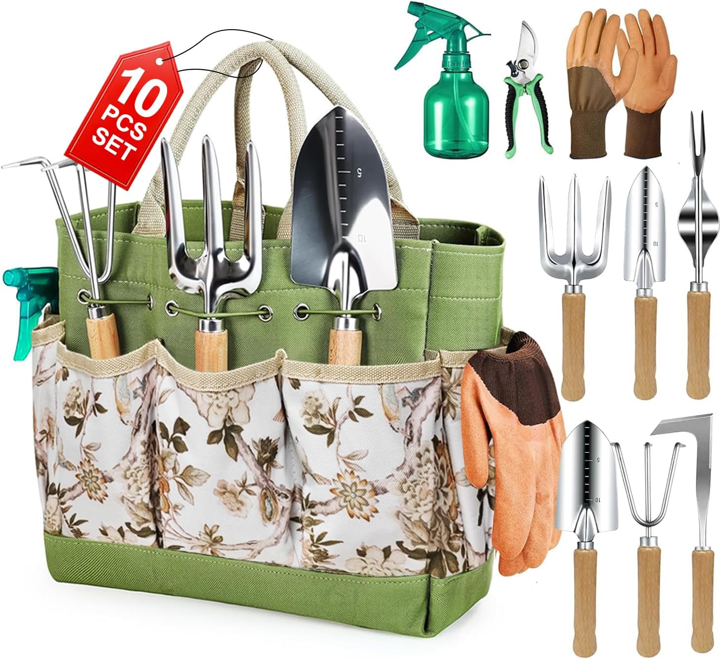 Springup 10 PCS Gardening Tools Heavy Duty Garden Tools Kit Hand Held Tool Set with Durable Organizer Tote Bag, Stainless Steel Rust Proof, Gardening Gifts for Women image number 3