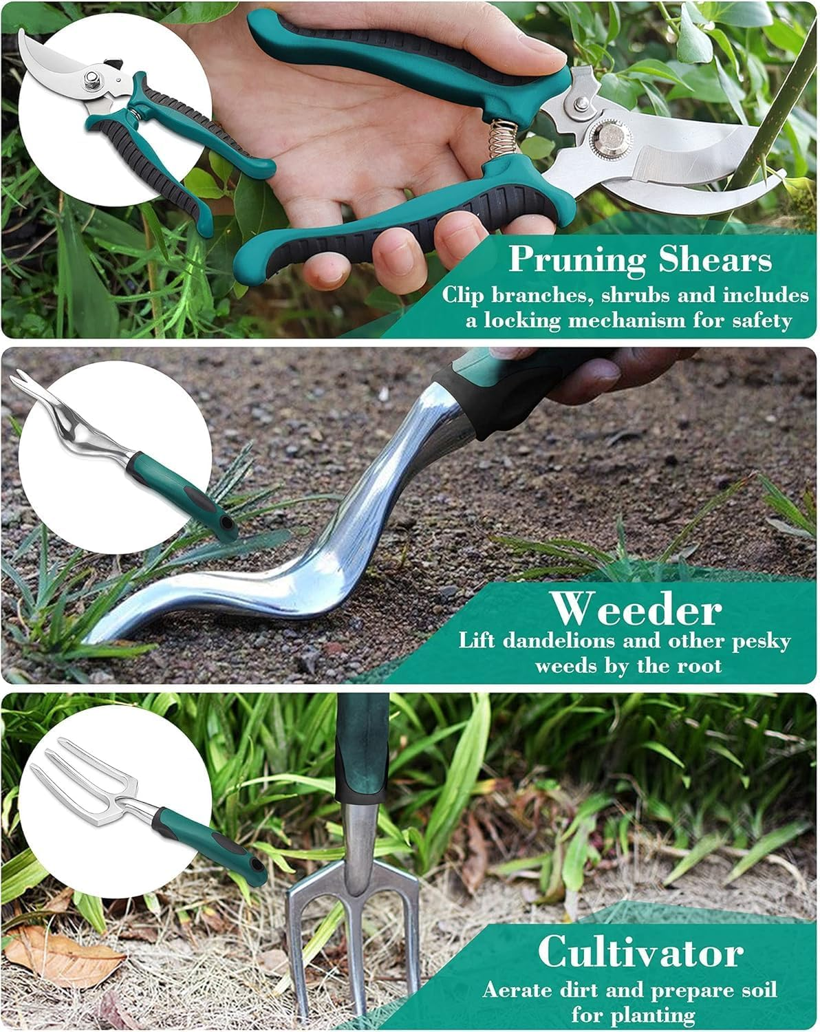 Garden Tool Set, 11 Piece Aluminum Alloy Hand Tool Starter Kit with Garden Bag, Outdoor Tool, Heavy Duty Gardening Work Set with Ergonomic Handle, Gardening Tools image number 6