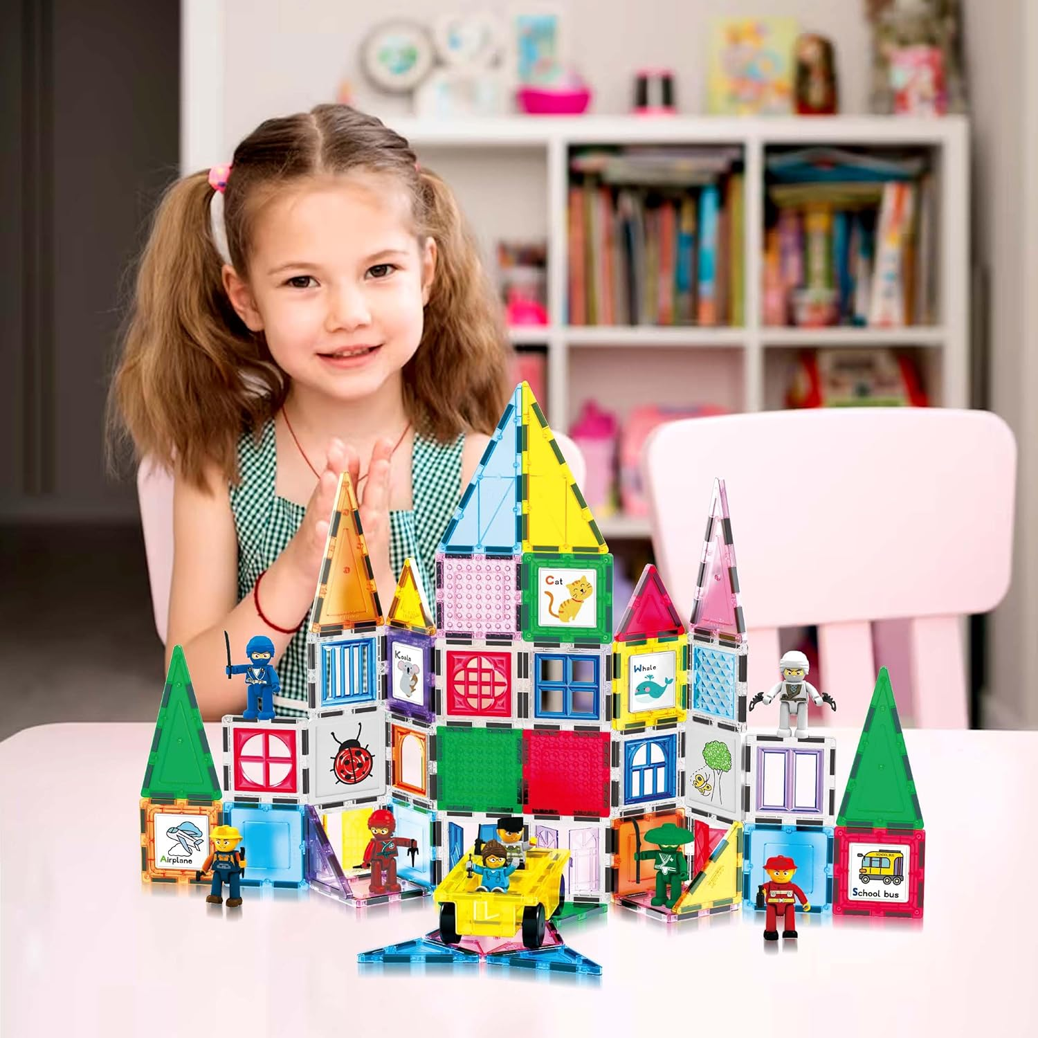 Picassotiles 100Pc Magnet Tile Construction Building Block Set with Carry Case Car Base Magnetic 8Pc Characters Whiteboard Markers Idea Book Magnetized Toy Kit Playset Kids STEM Learning Age 3+ PB01 image number 5